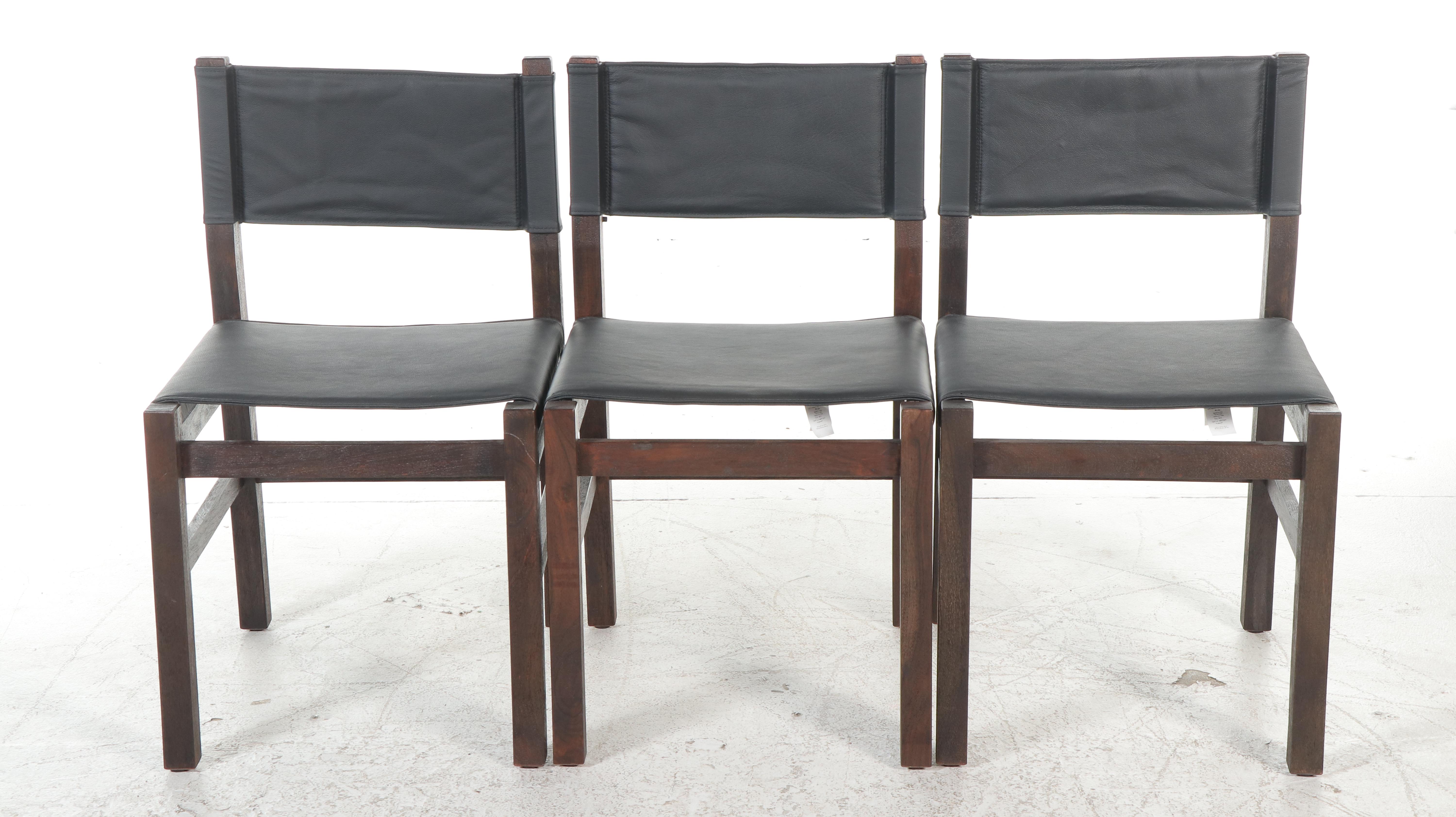 Four Pottery Barn Black Leatherette Sling Upholstered Wood Dining Chairs