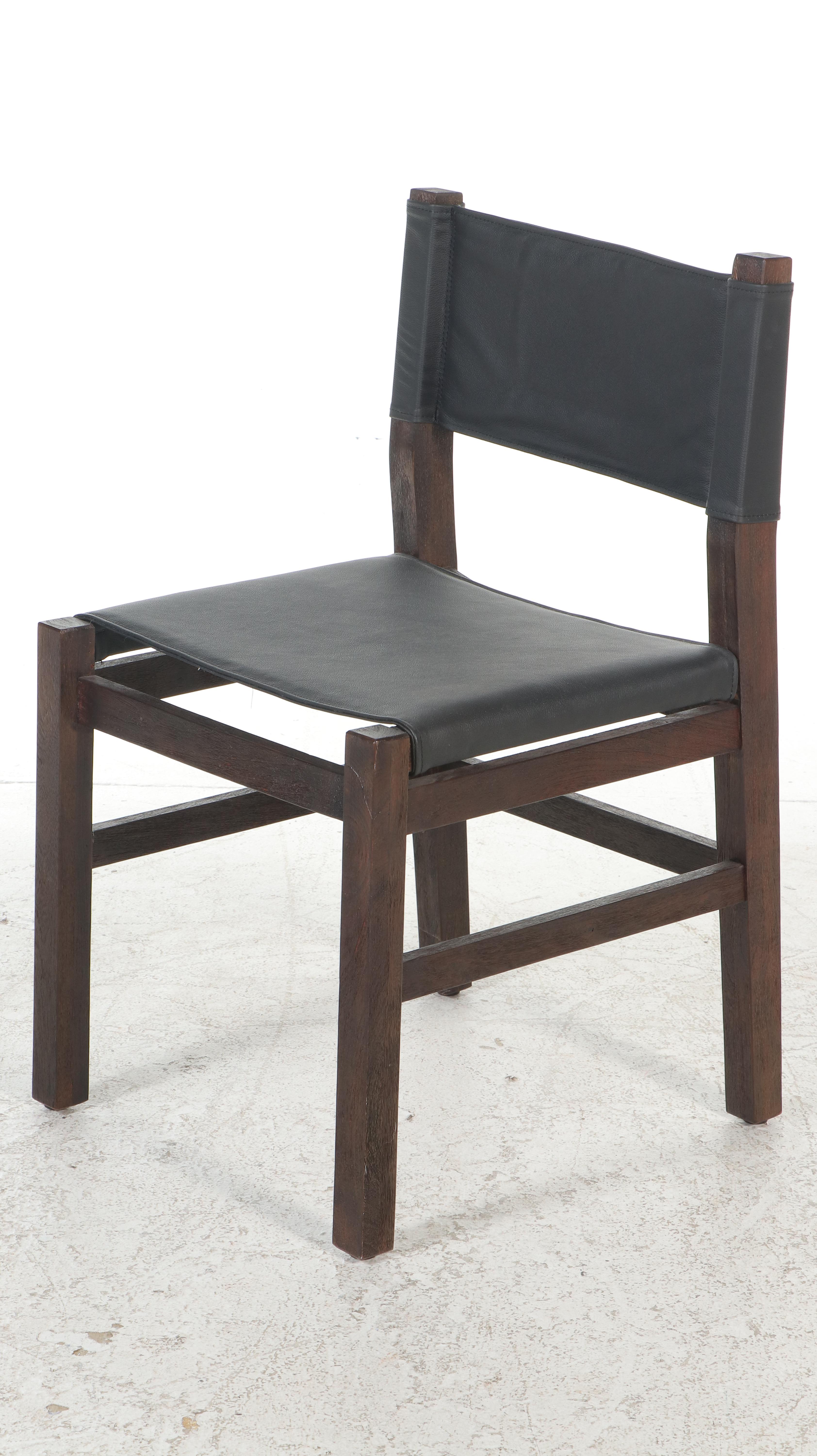 Four Pottery Barn Black Leatherette Sling Upholstered Wood Dining Chairs