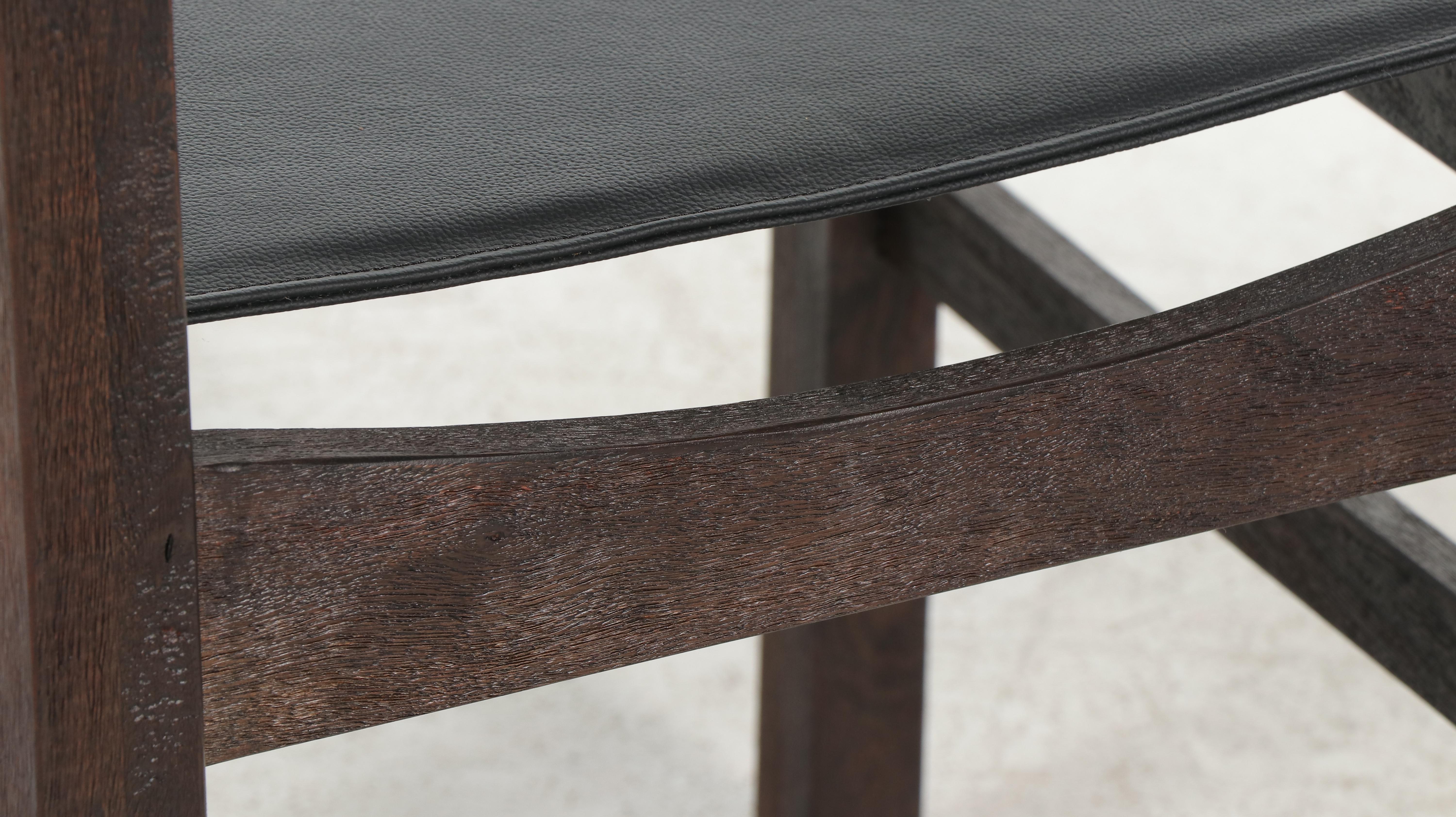 Four Pottery Barn Black Leatherette Sling Upholstered Wood Dining Chairs