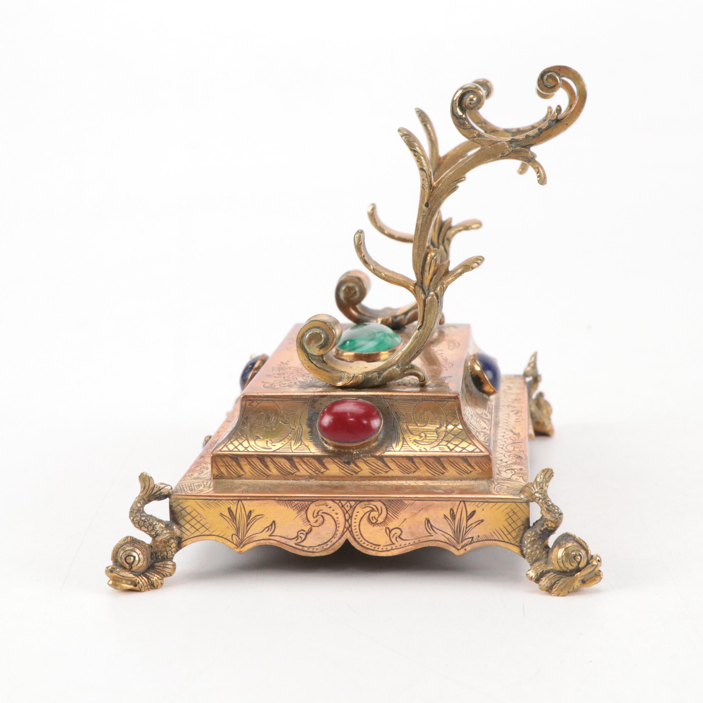 John Holland MOP No. 8 Dip Pen on Engraved Brass Stand with Inset Stones