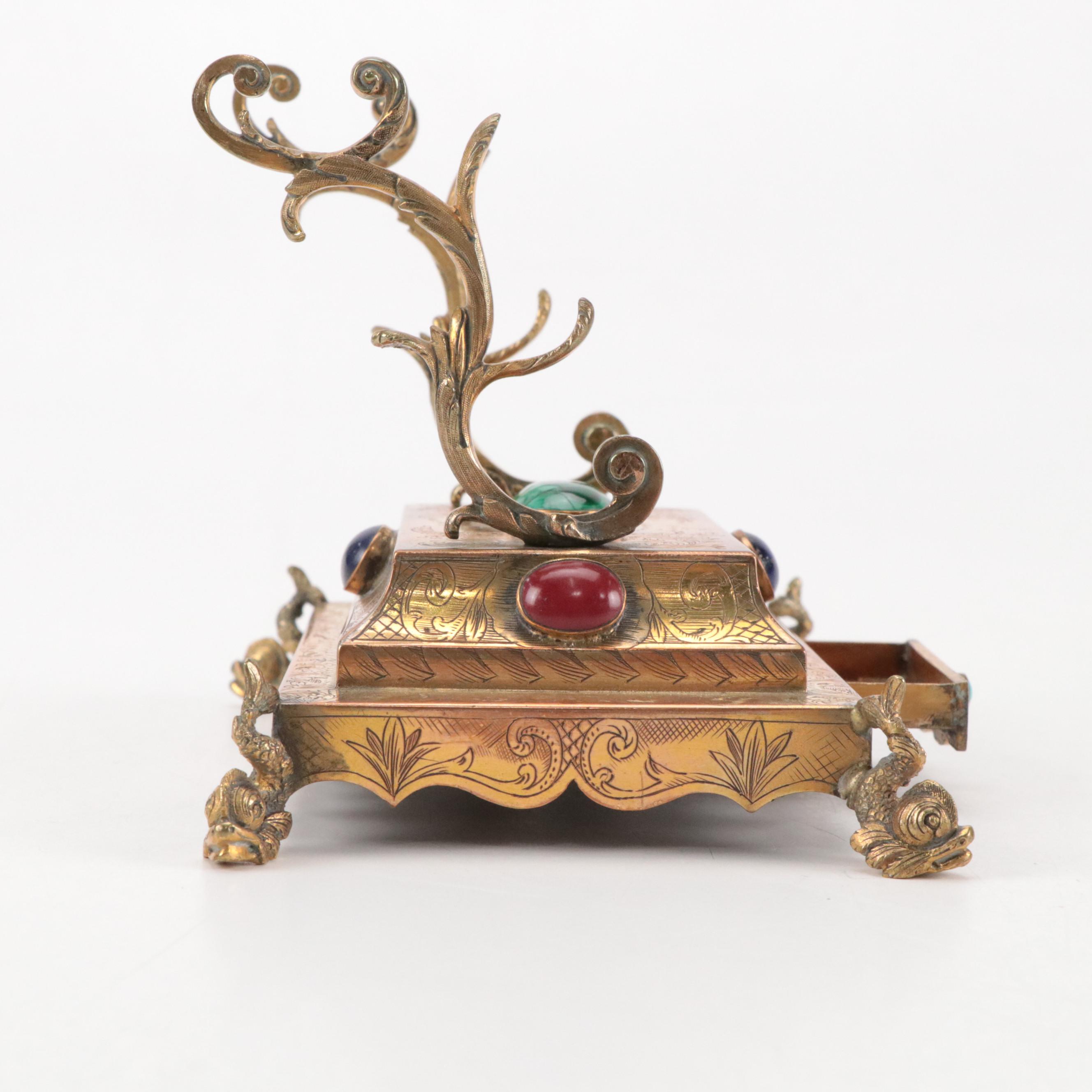 John Holland MOP No. 8 Dip Pen on Engraved Brass Stand with Inset Stones