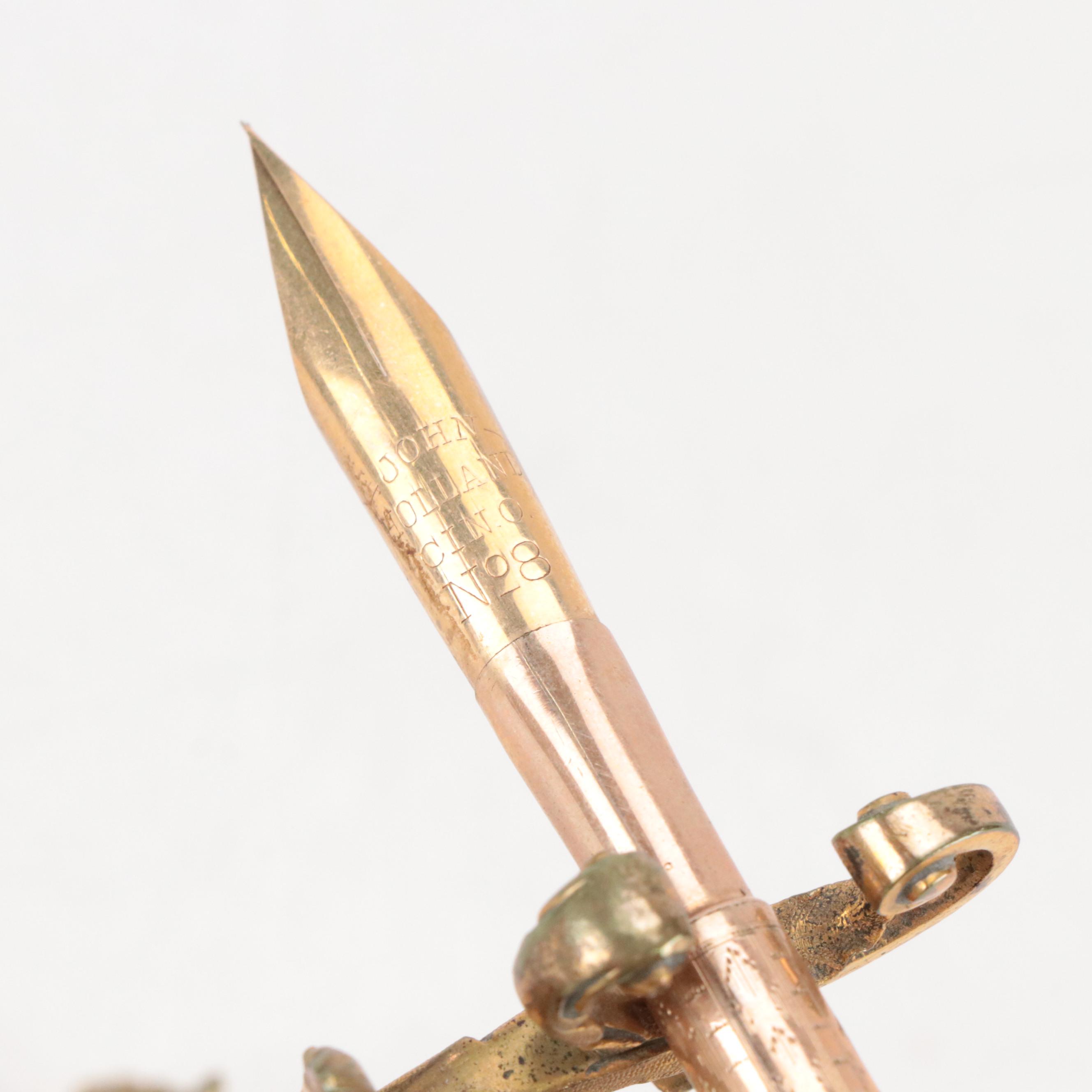 John Holland MOP No. 8 Dip Pen on Engraved Brass Stand with Inset Stones