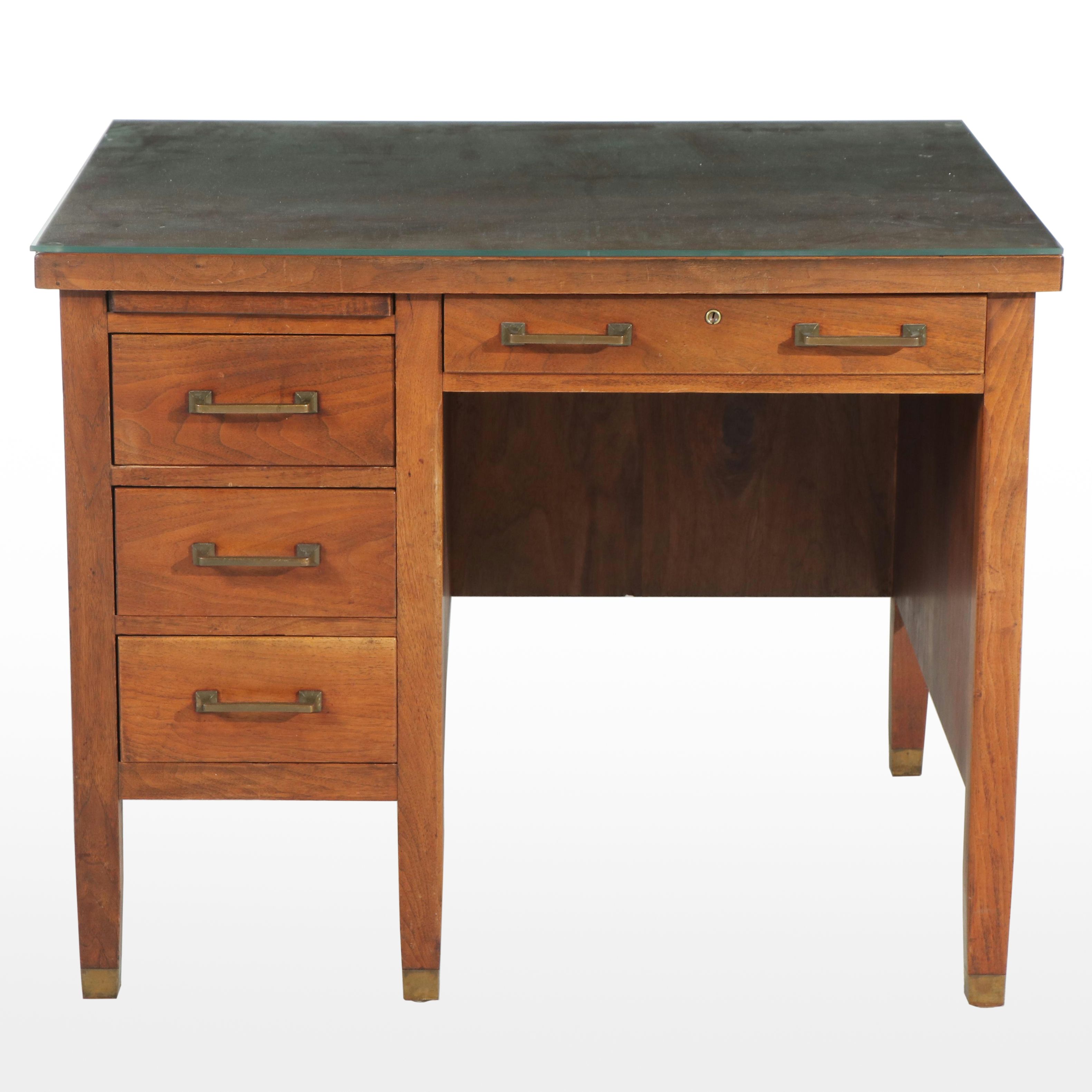 David Kramer Inc. Four-Drawer Walnut Desk with Acrylic Top, Mid-20th Century