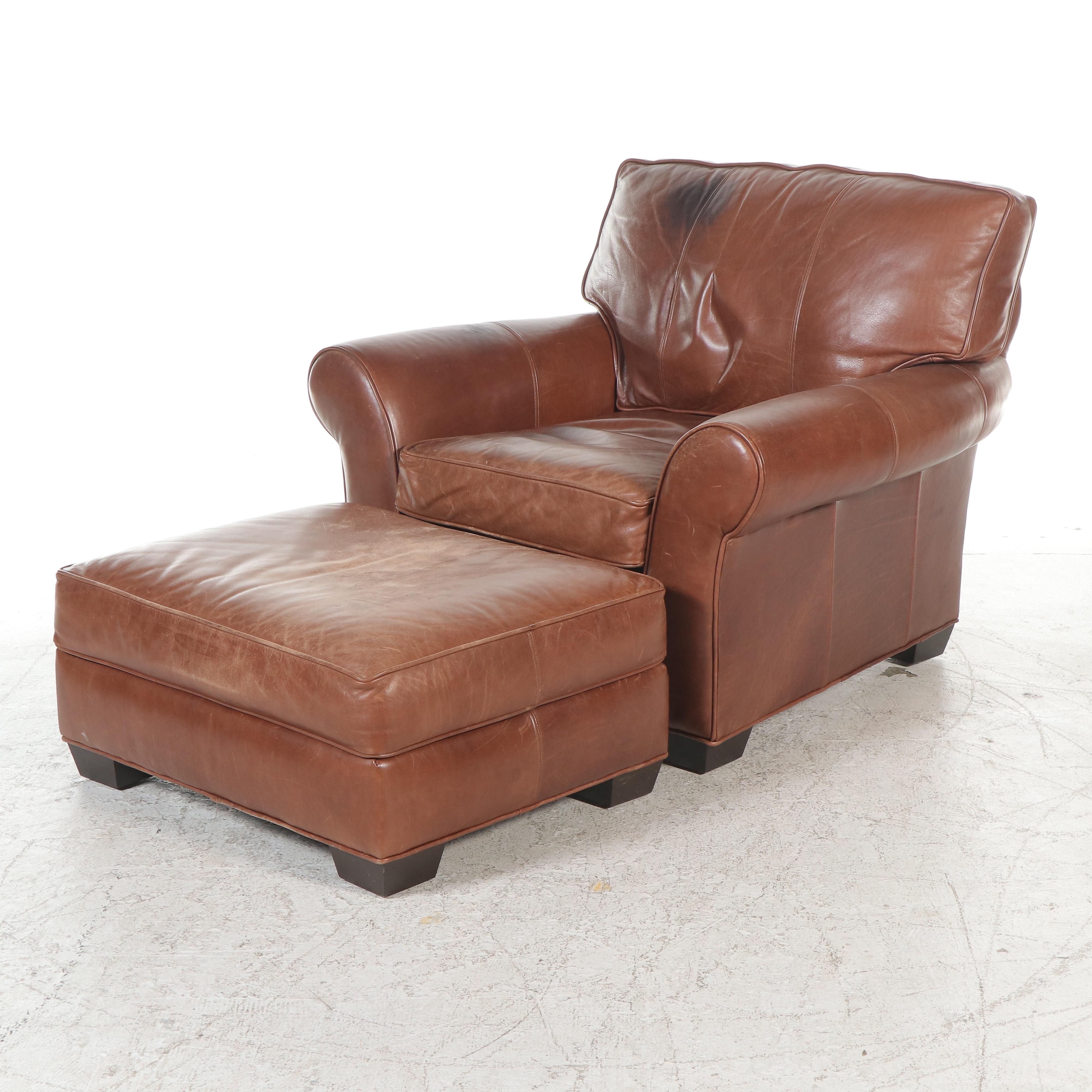 Arhaus Furniture Brown Leather Club Chair with Ottoman