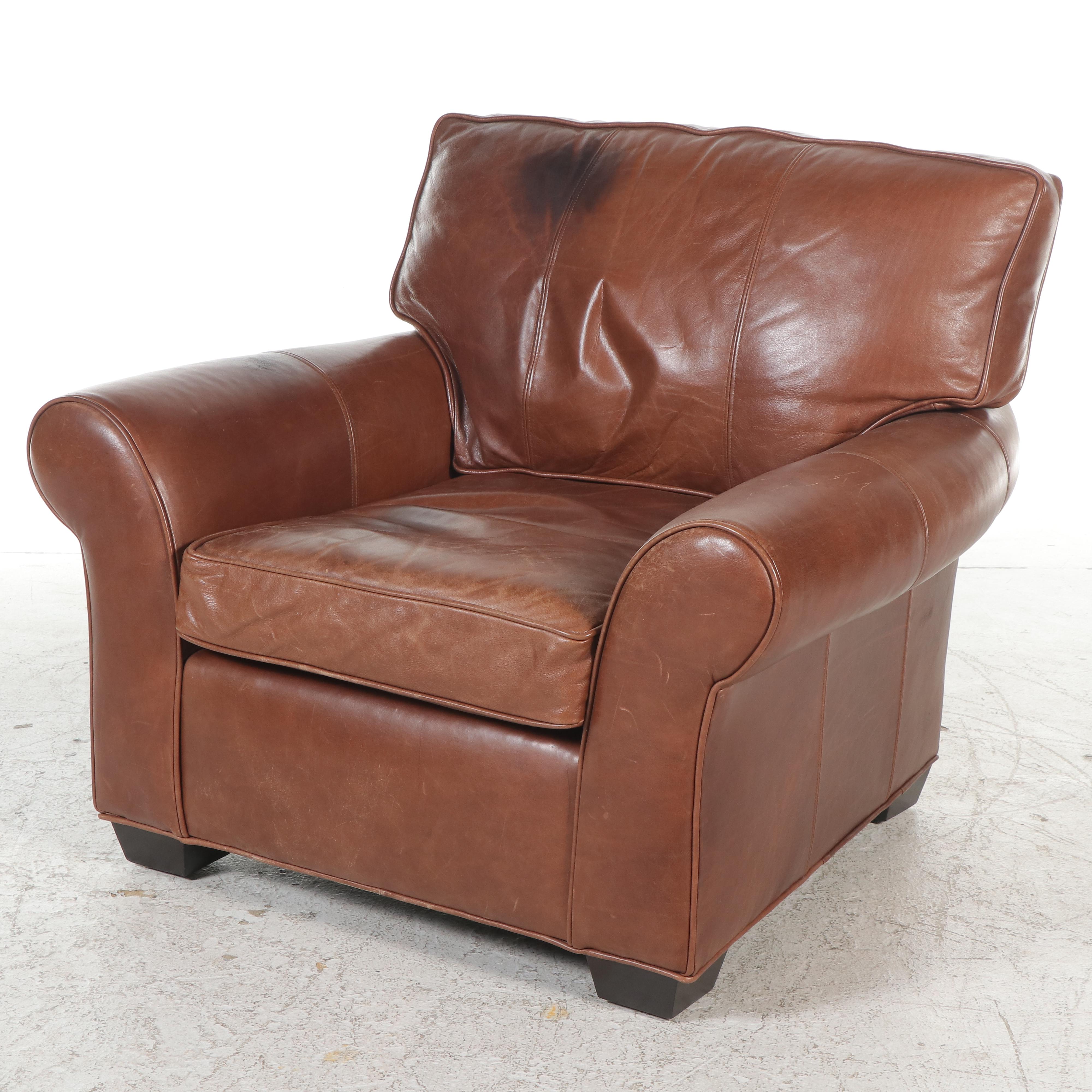 Arhaus Furniture Brown Leather Club Chair with Ottoman