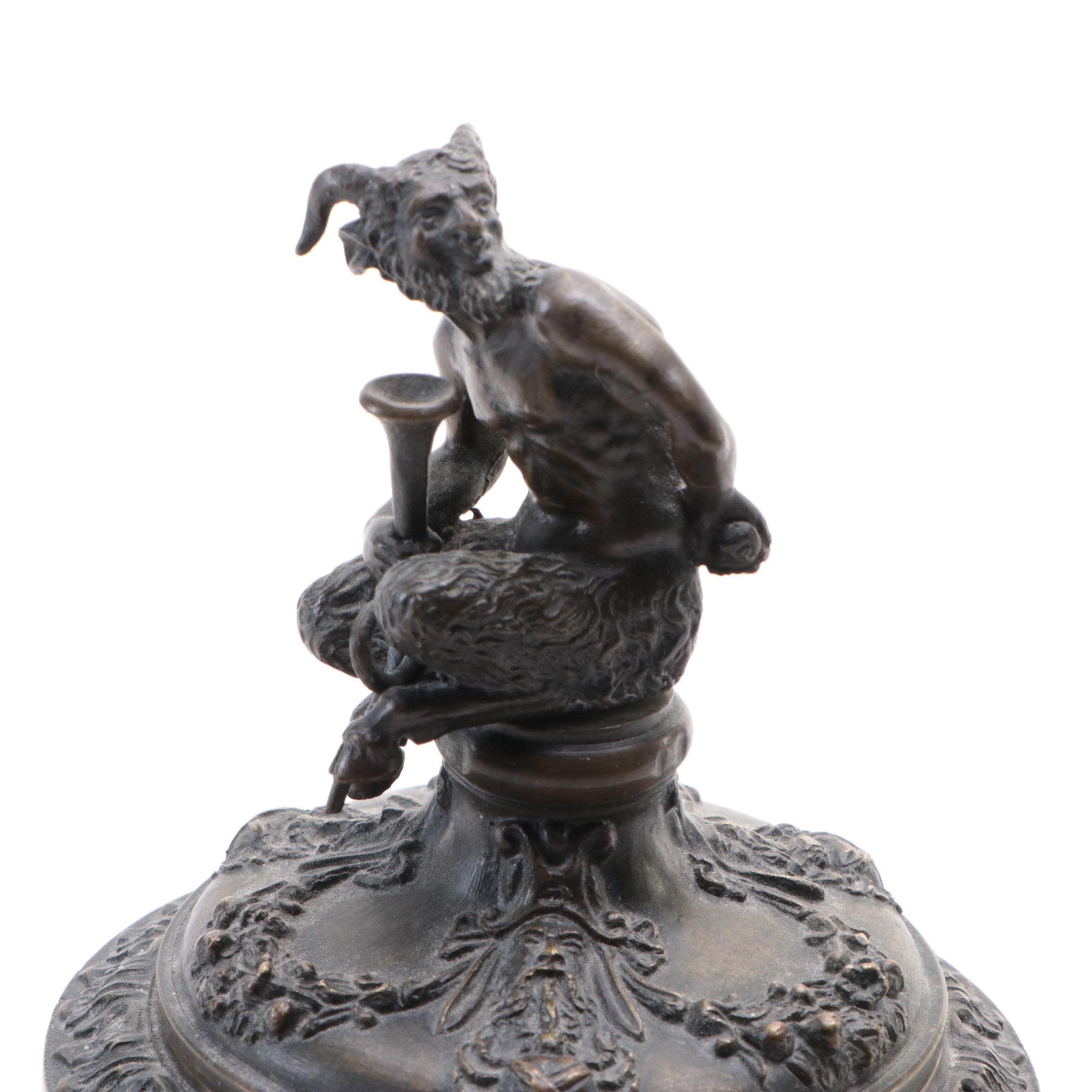Italian Antonio Pandiani Cast Bronze Lidded Footed Box with Satyr Finial