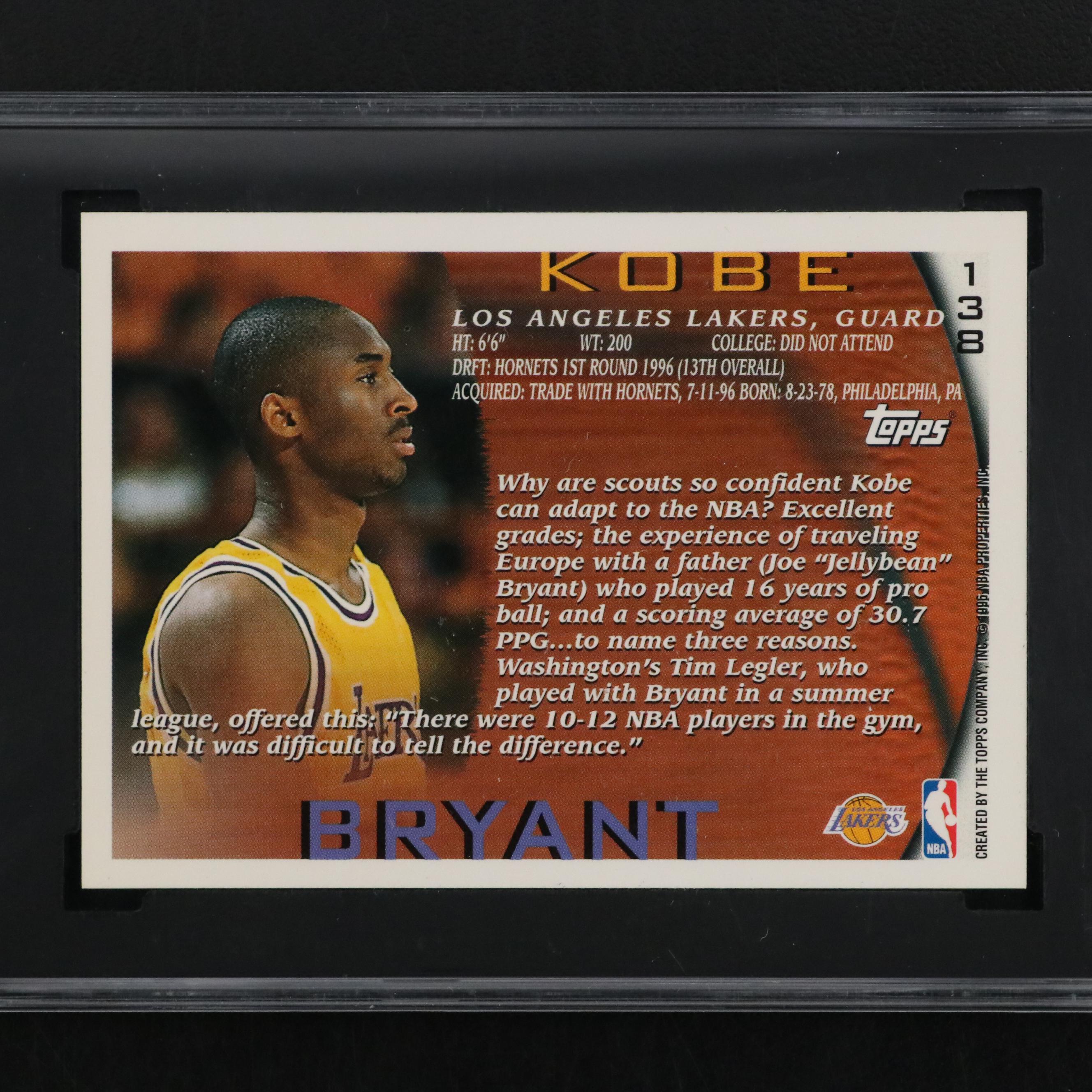 1996–97 Topps Kobe Bryant Rookie Basketball Card #138 Graded SGC 9