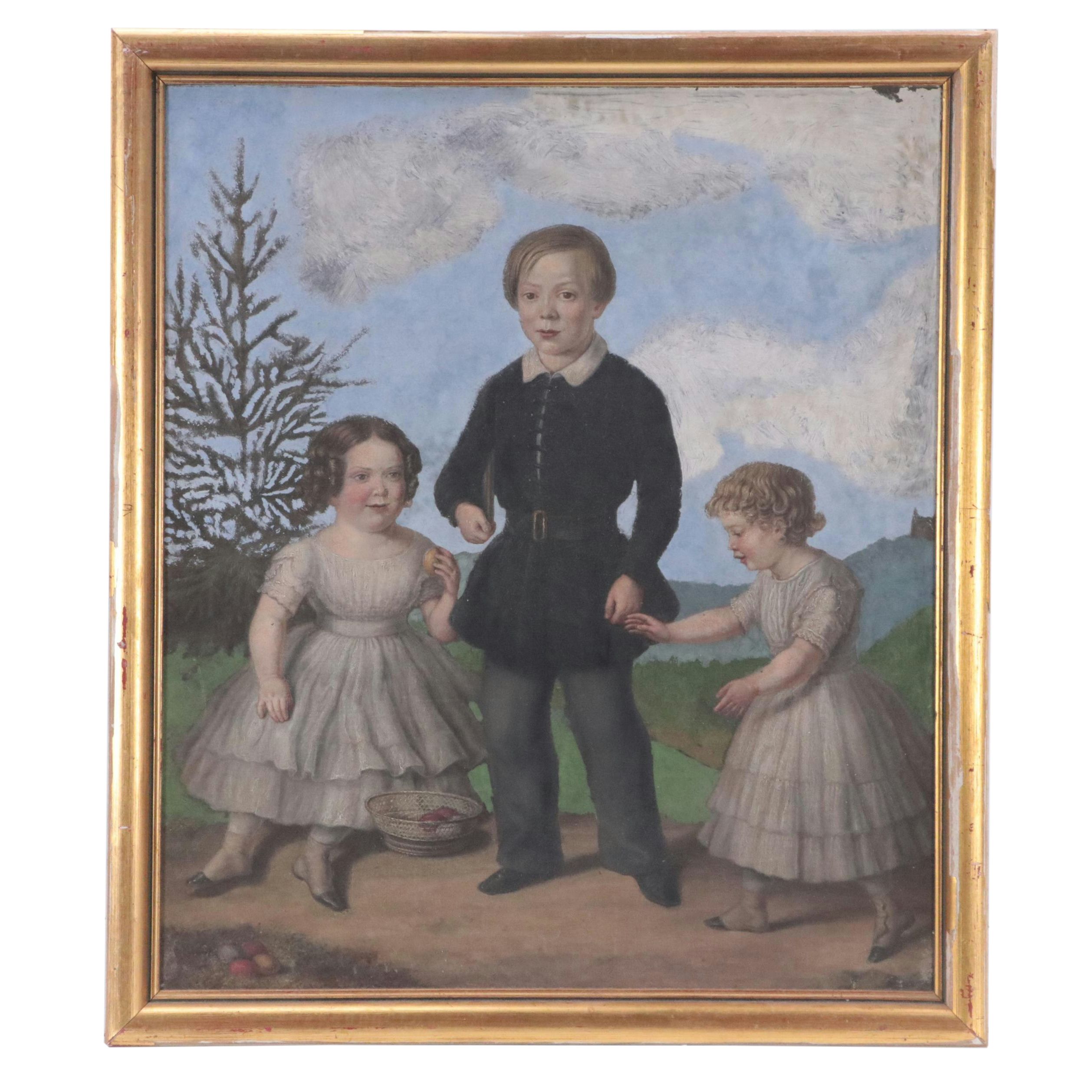Ludwig Müller Oil Portrait Painting of Three Children in Landscape, 1852