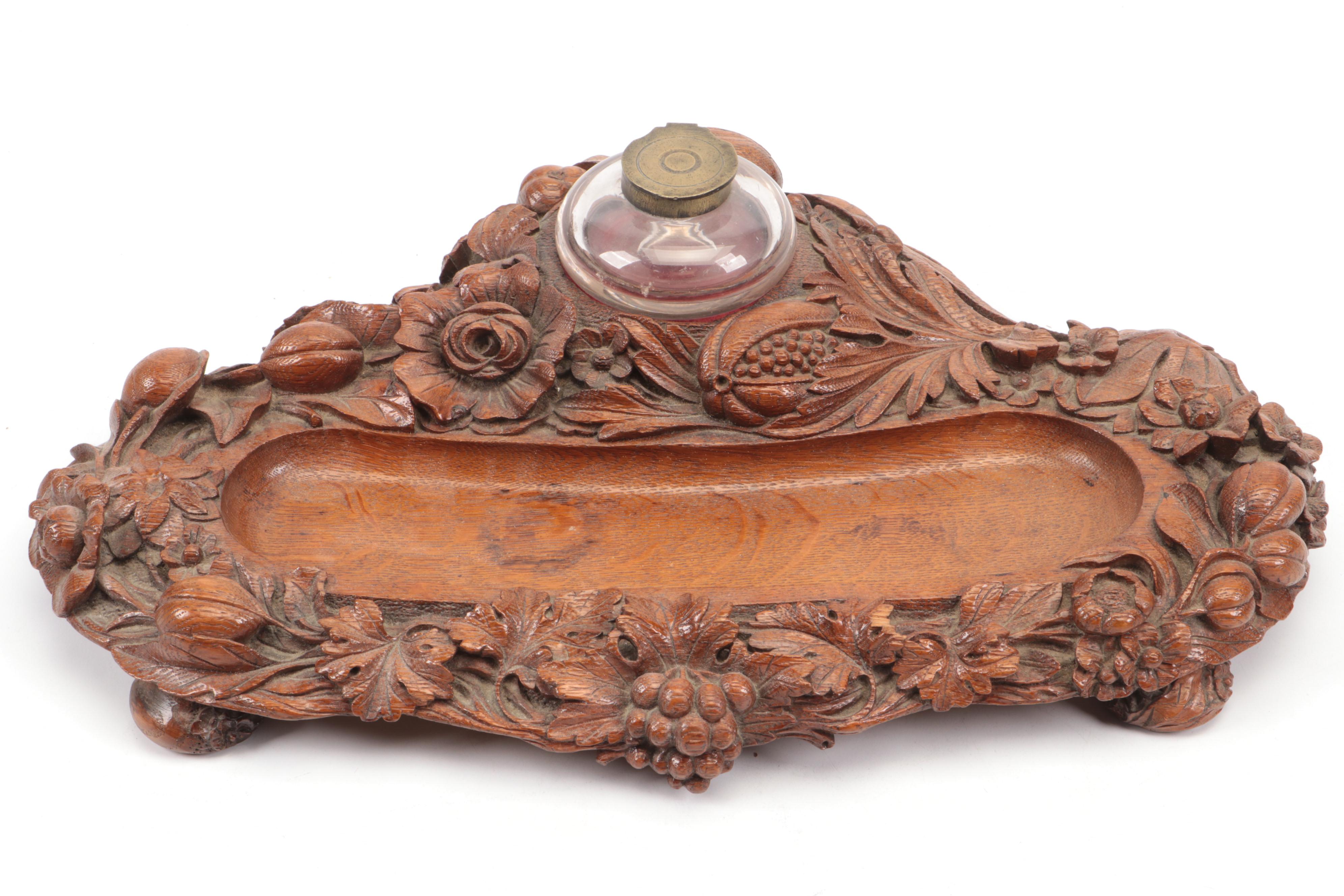 Hand-Carved Floral Motif Wood Inkwell and Pen Stand