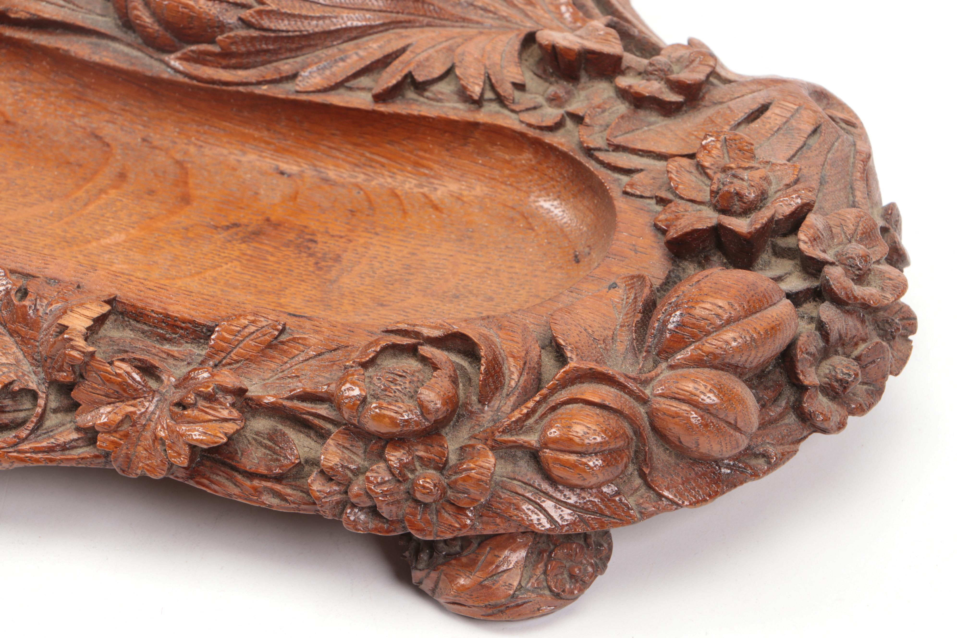 Hand-Carved Floral Motif Wood Inkwell and Pen Stand