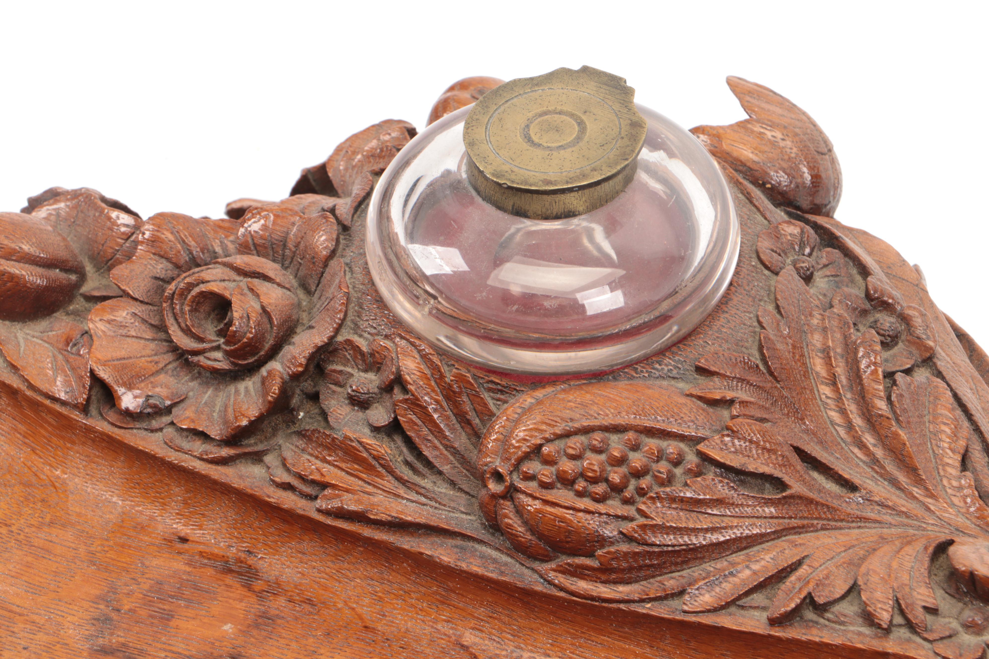Hand-Carved Floral Motif Wood Inkwell and Pen Stand