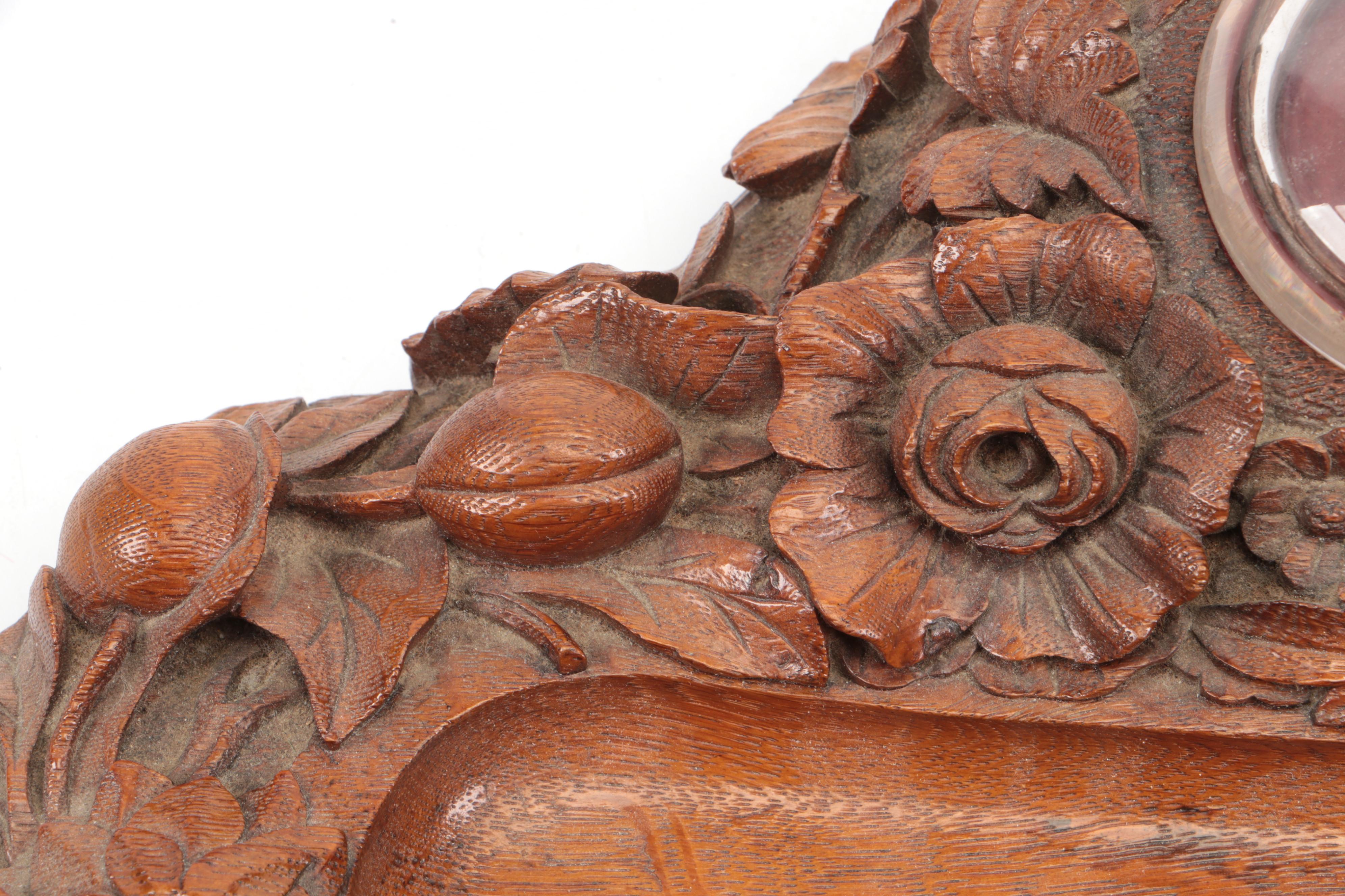 Hand-Carved Floral Motif Wood Inkwell and Pen Stand