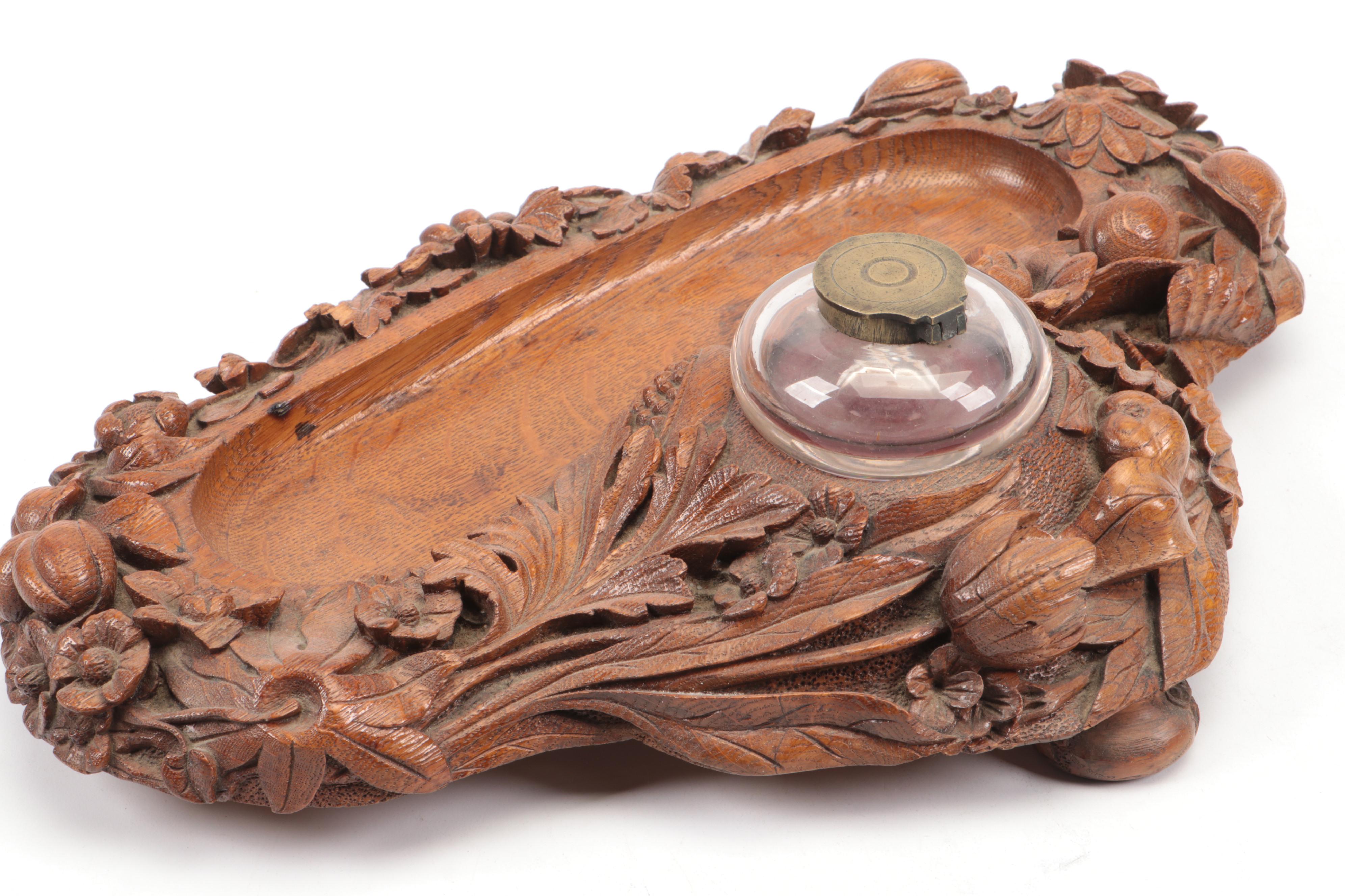 Hand-Carved Floral Motif Wood Inkwell and Pen Stand