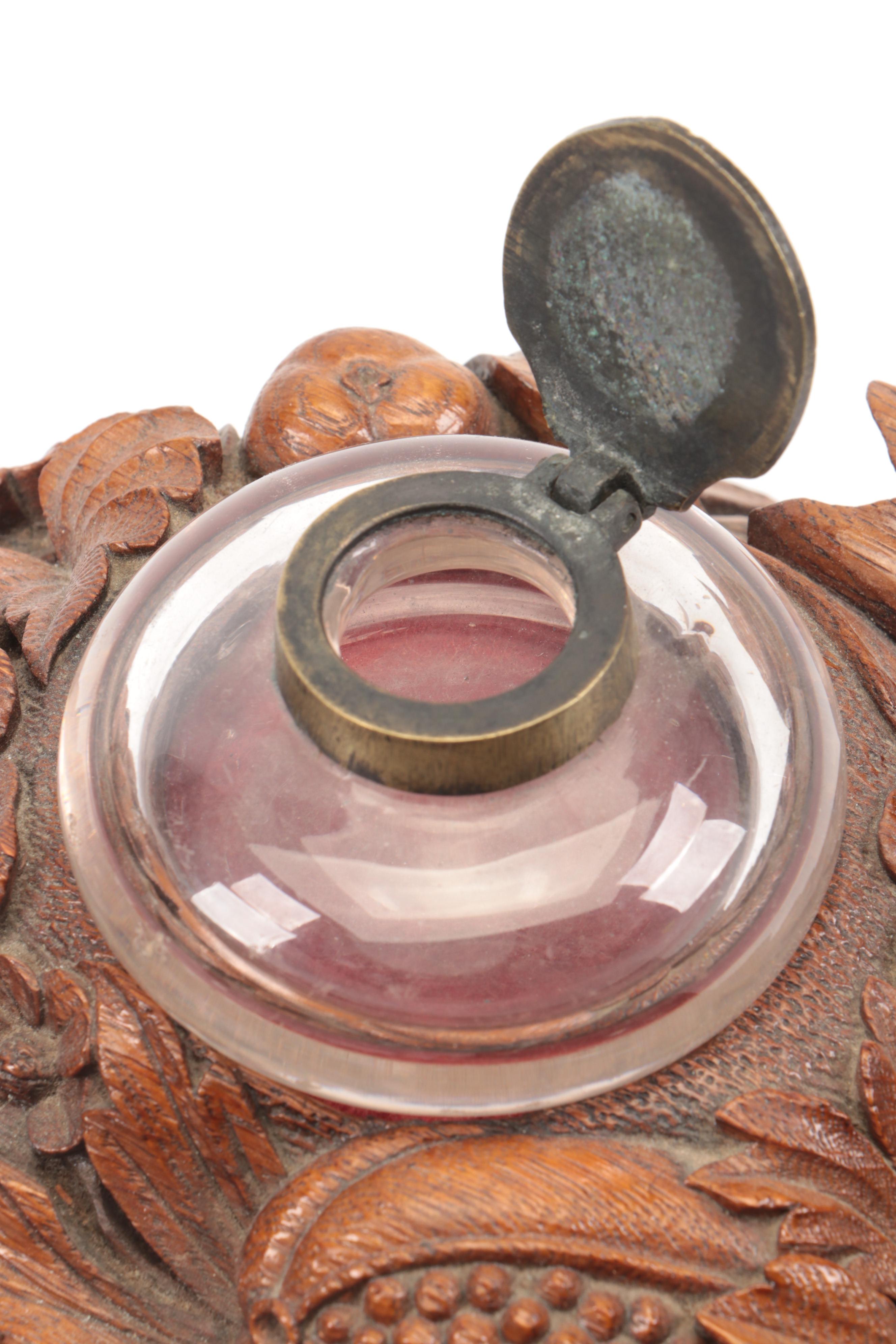 Hand-Carved Floral Motif Wood Inkwell and Pen Stand