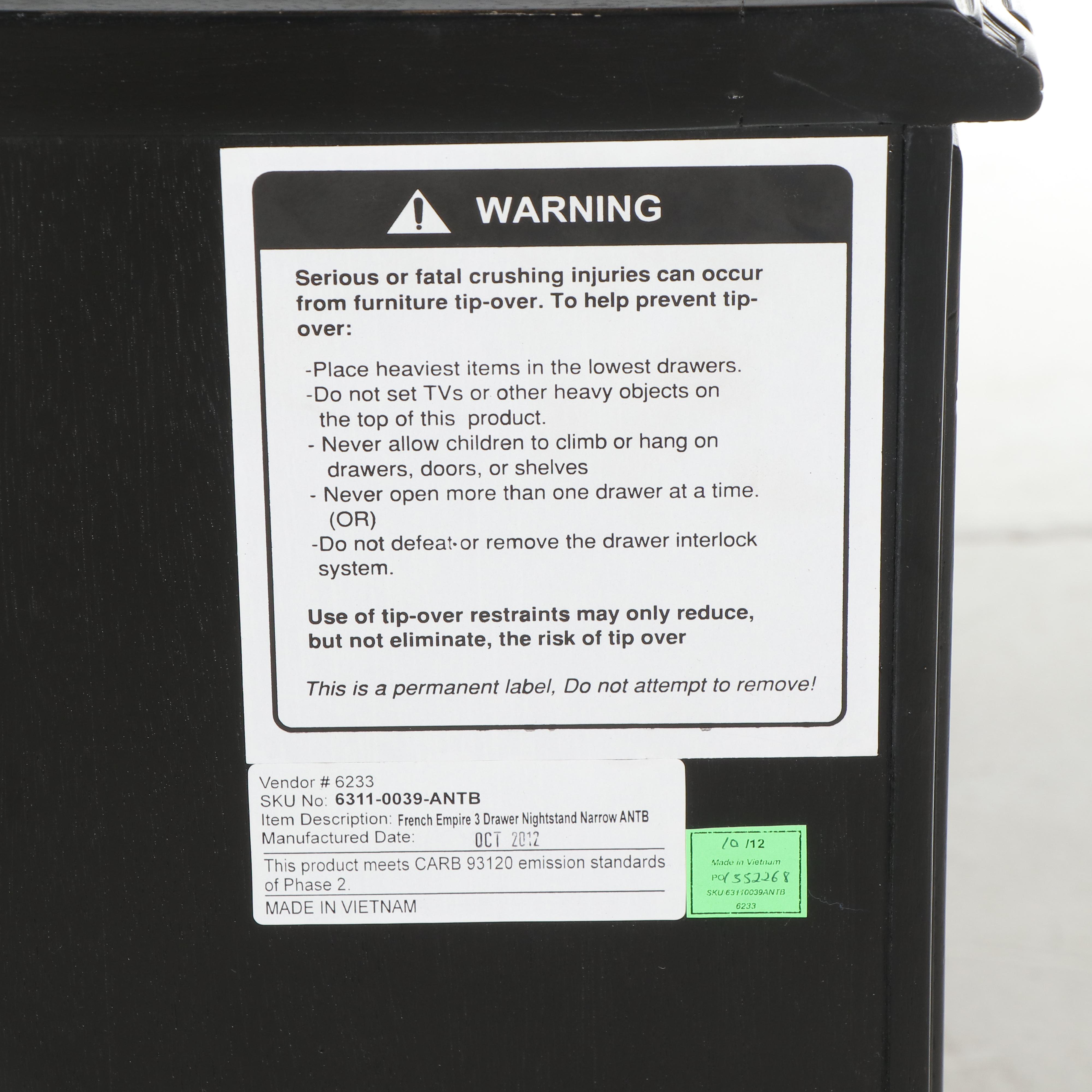 Restoration Hardware "French Empire" Three-Drawer Nightstand in Antique Black