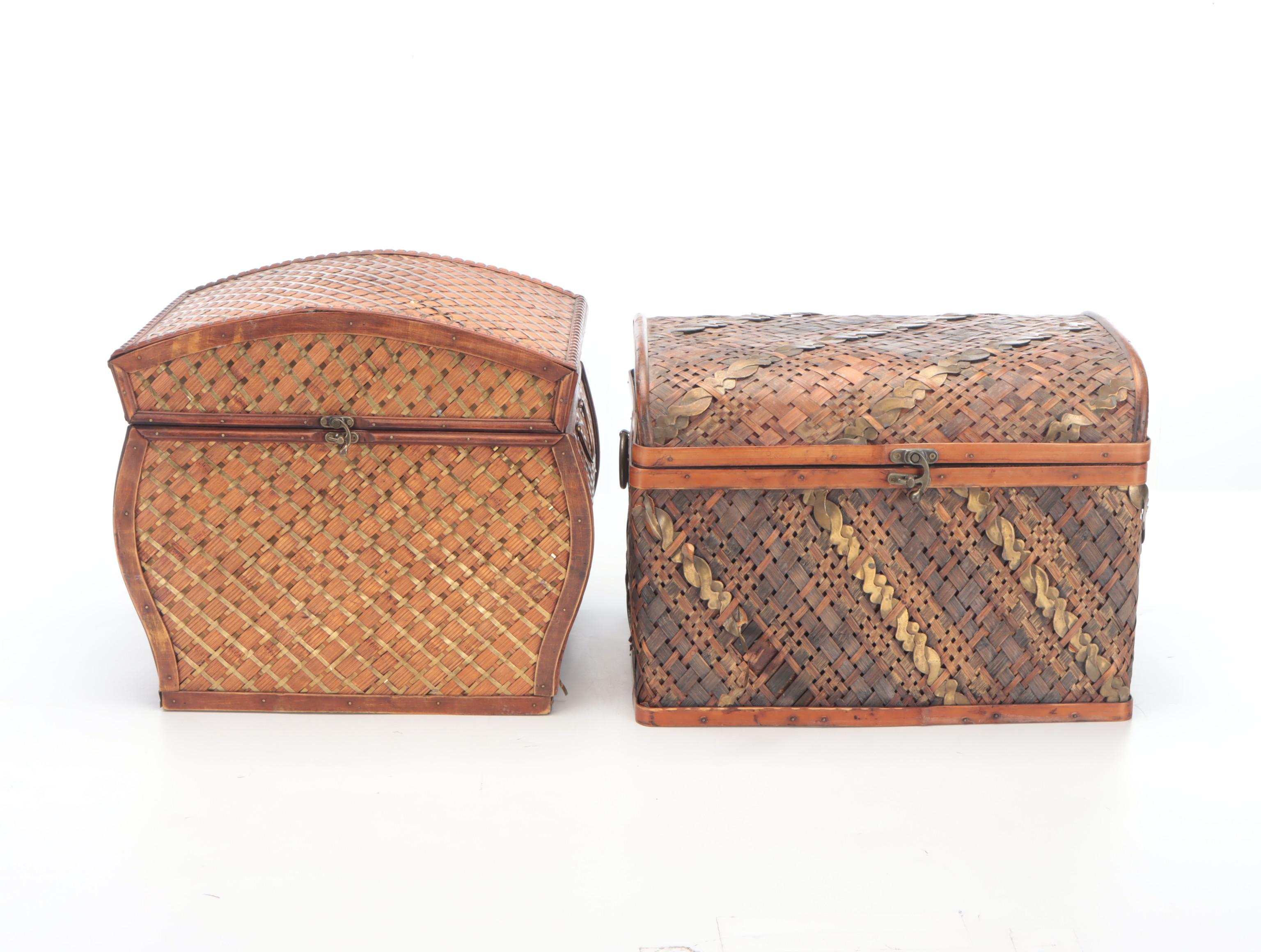 Chinese Brass and Rattan Woven Handled Chests