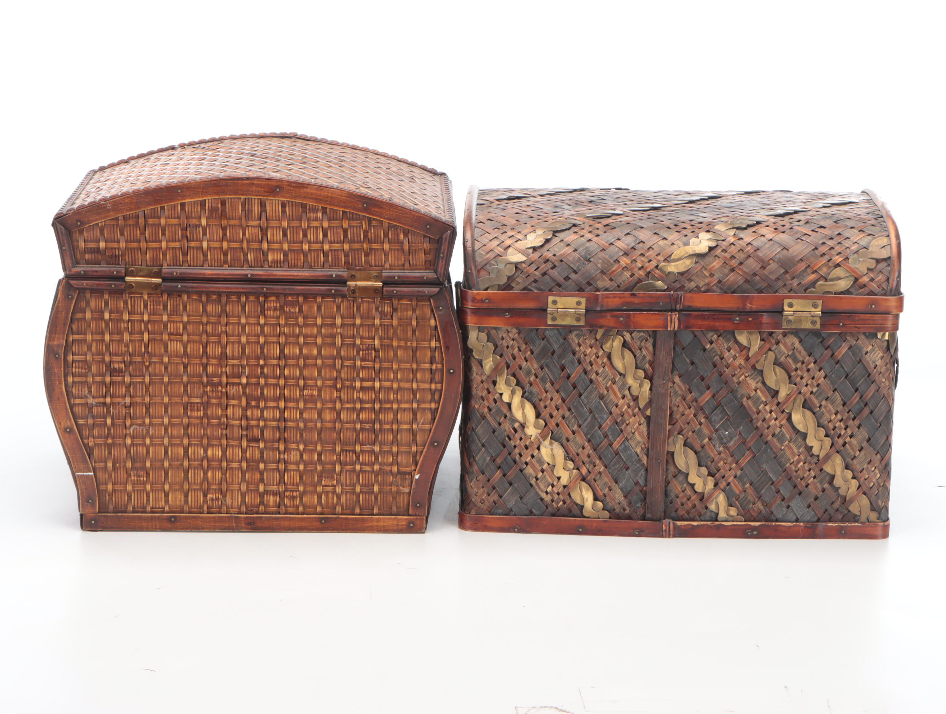 Chinese Brass and Rattan Woven Handled Chests