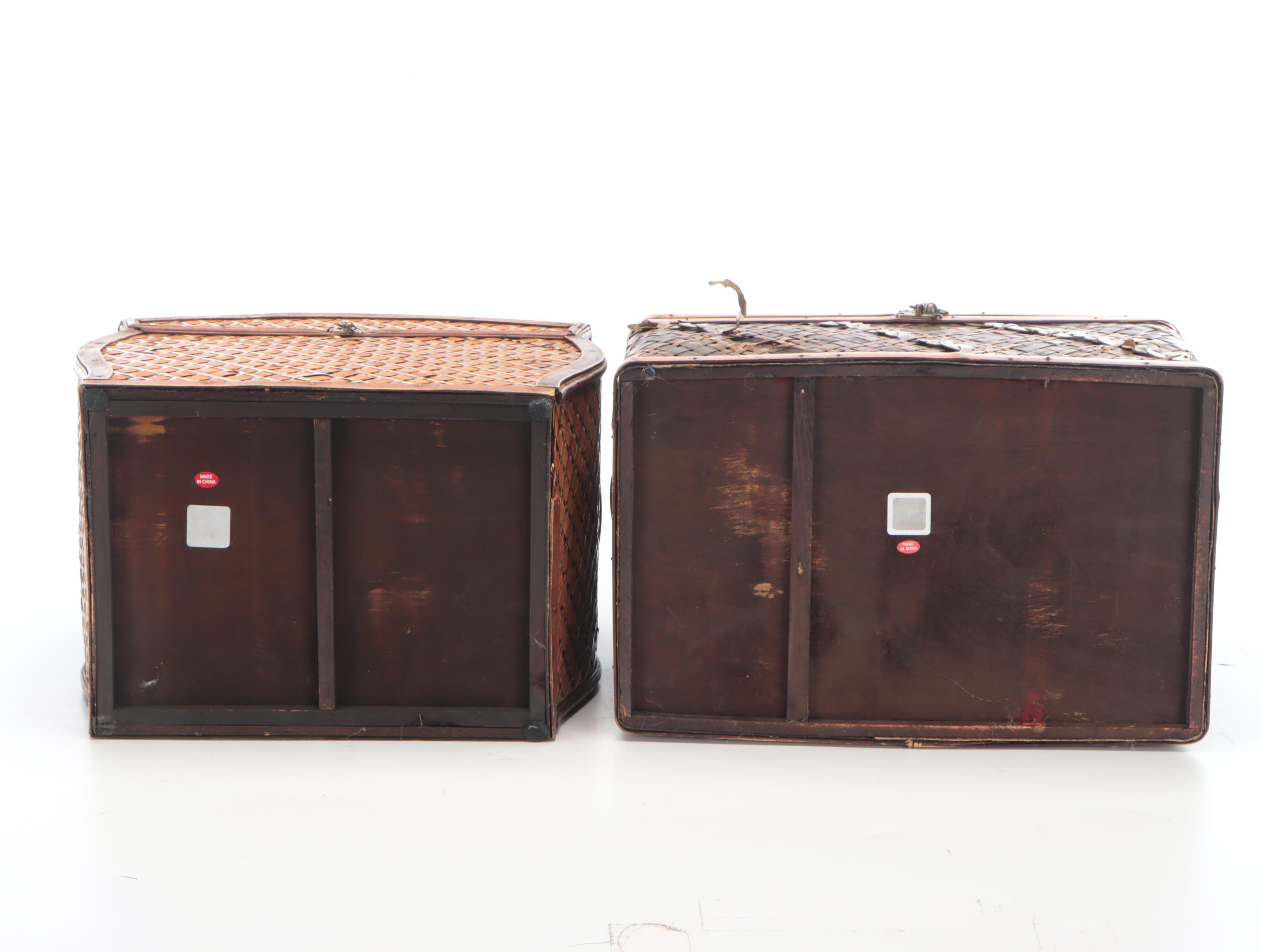 Chinese Brass and Rattan Woven Handled Chests