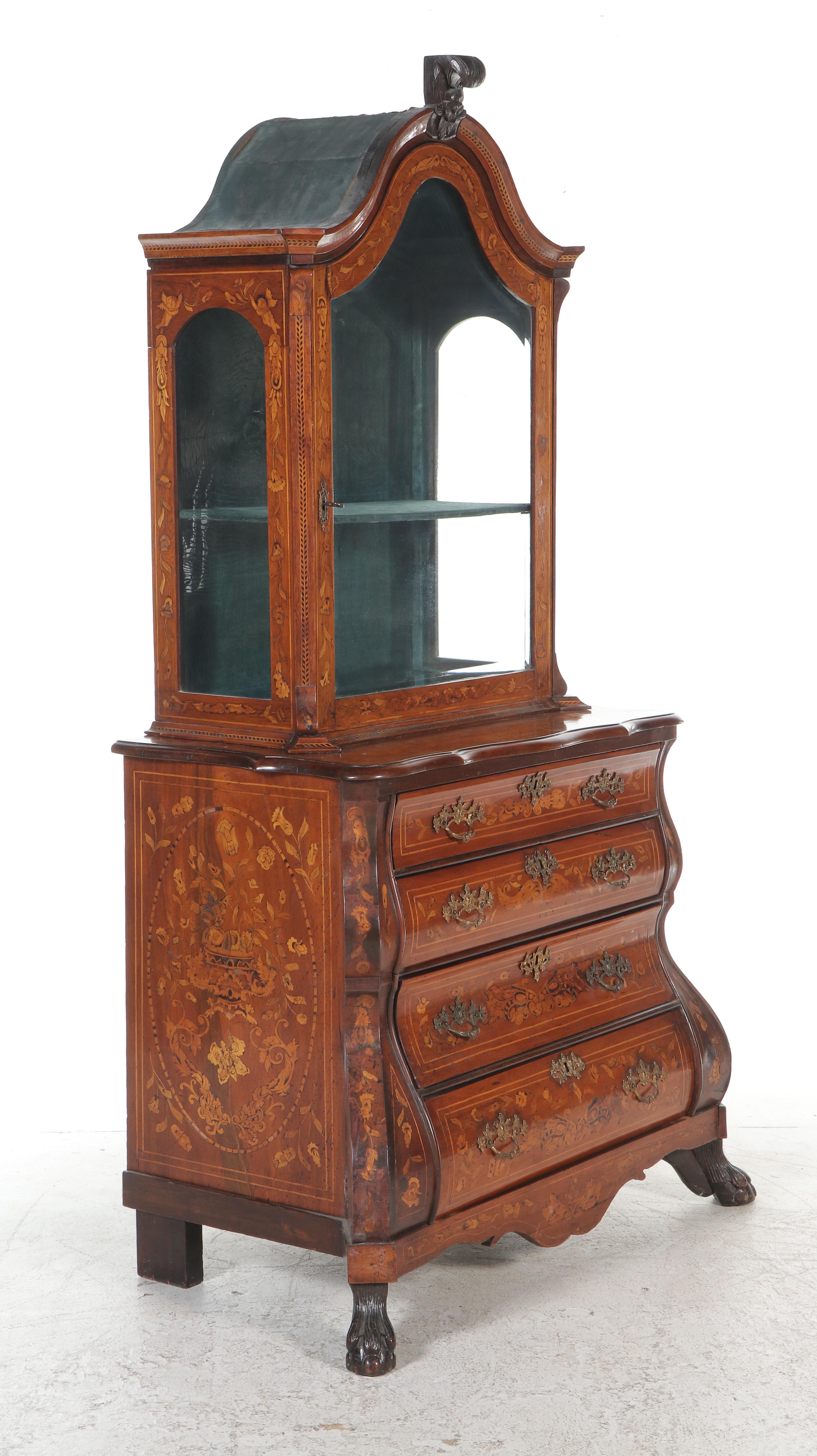 Dutch Baroque Style Walnut and Marquetry Vitrine, Late 19th Century