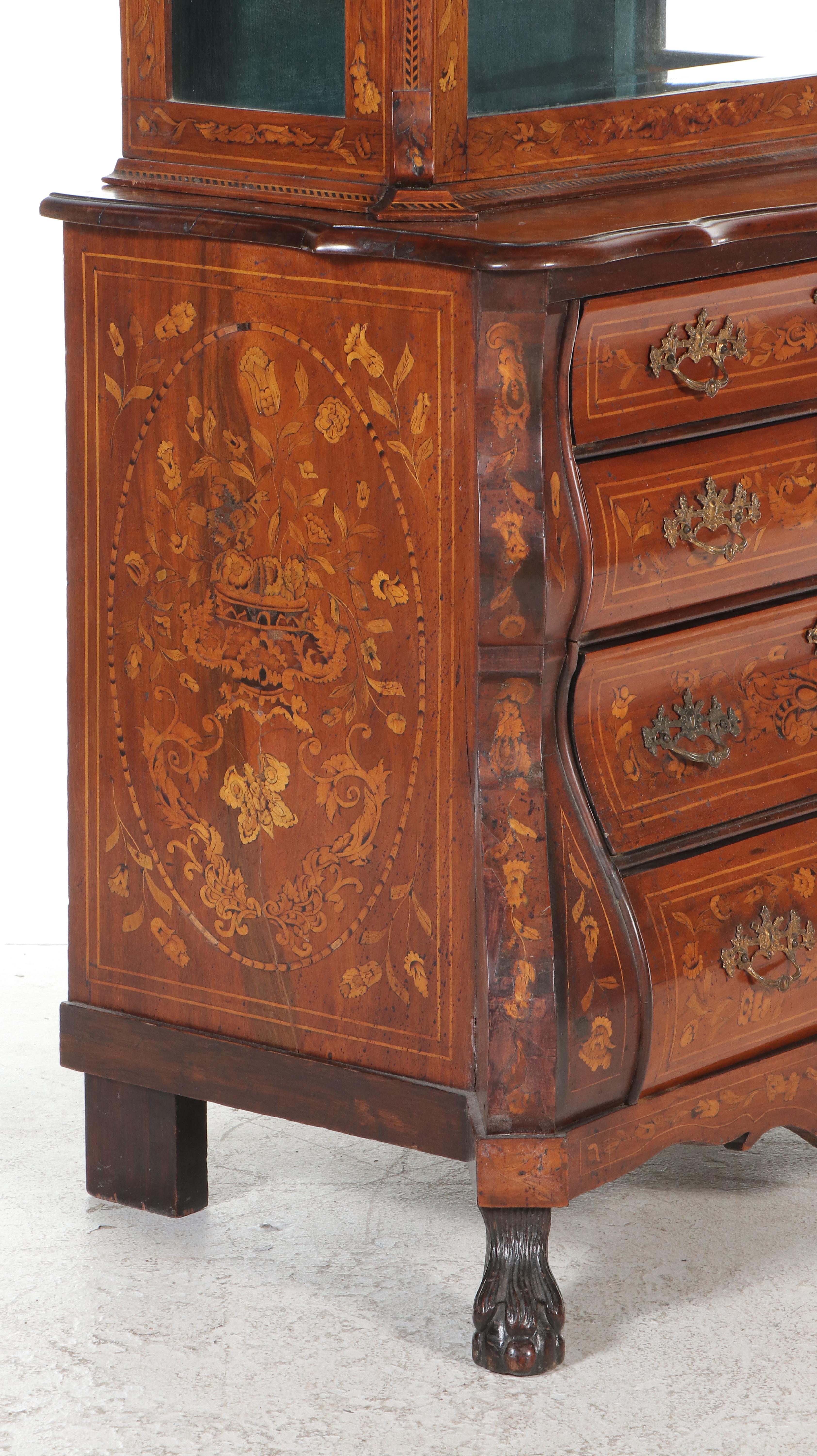 Dutch Baroque Style Walnut and Marquetry Vitrine, Late 19th Century