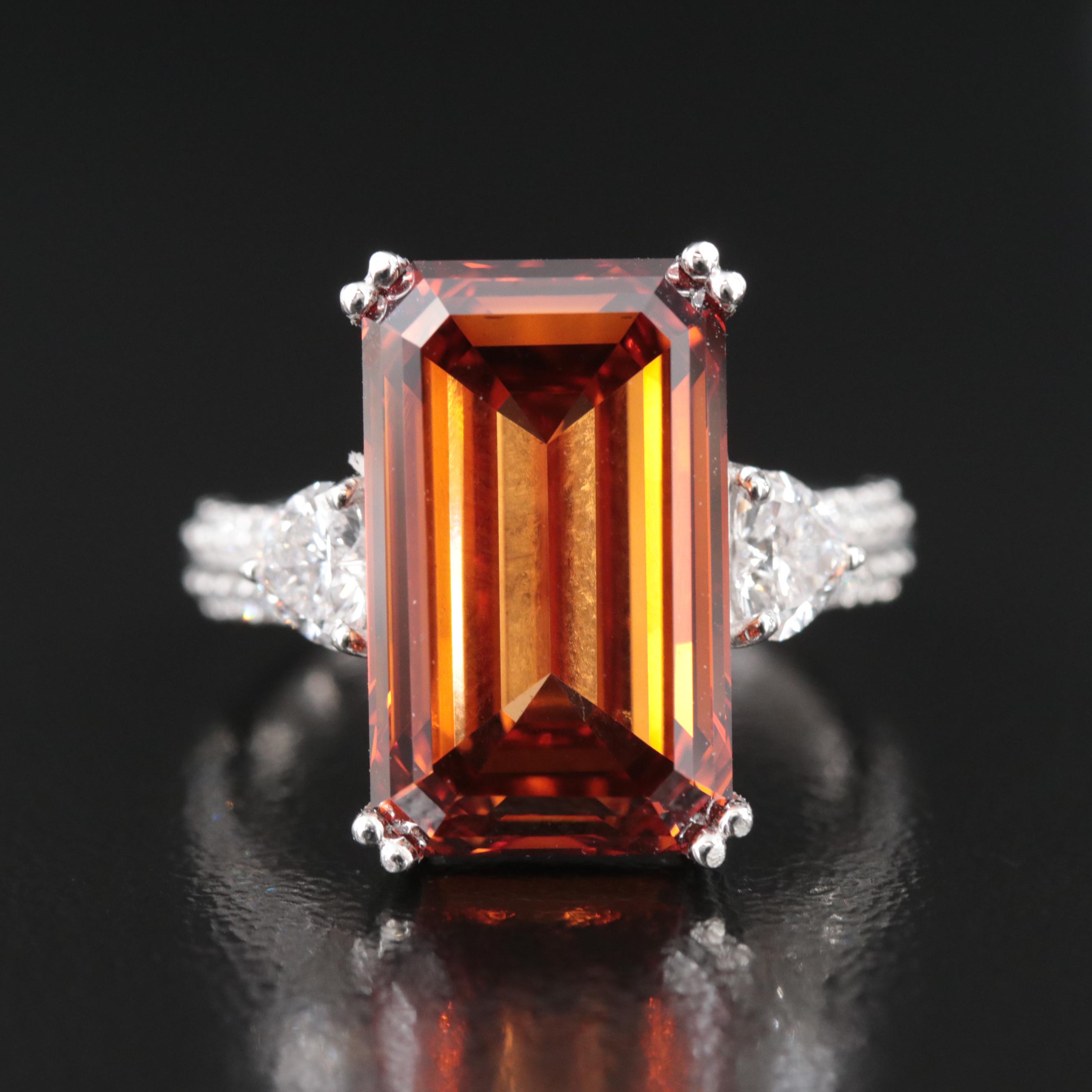 Platinum 10.77 CTW Lab Grown Diamon Ring with Fancy Orange Center and IGI Report