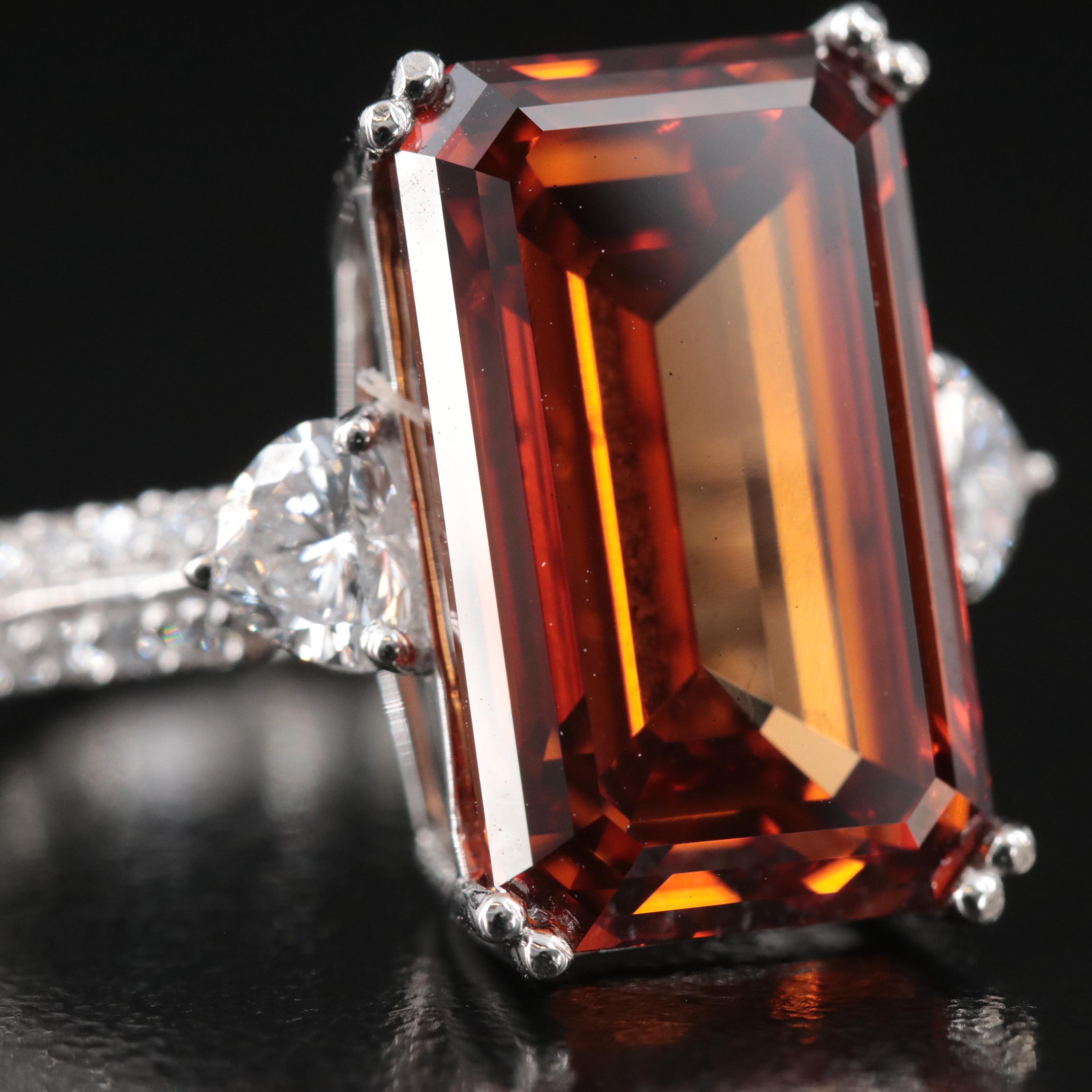 Platinum 10.77 CTW Lab Grown Diamon Ring with Fancy Orange Center and IGI Report