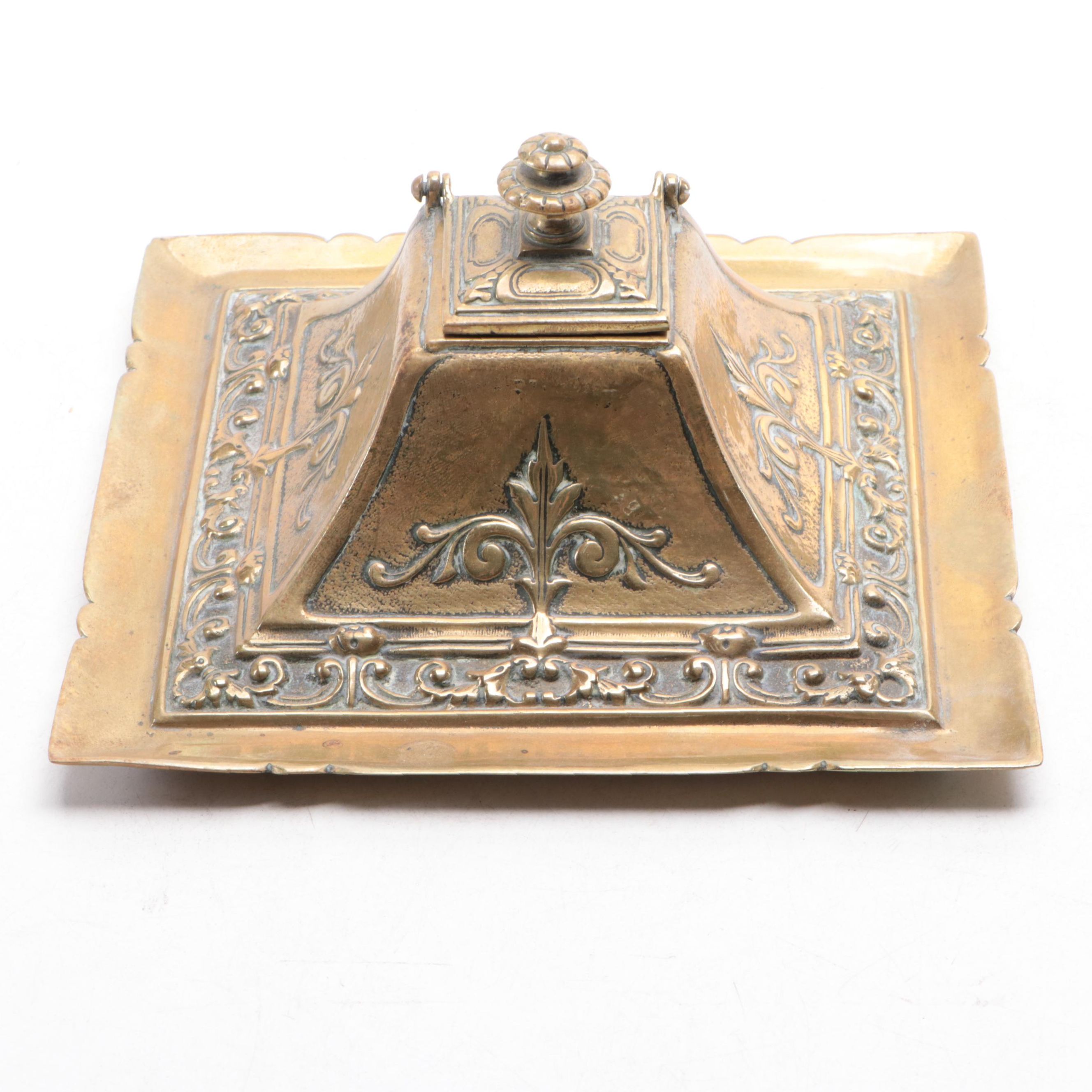British Embossed Brass Inkwell