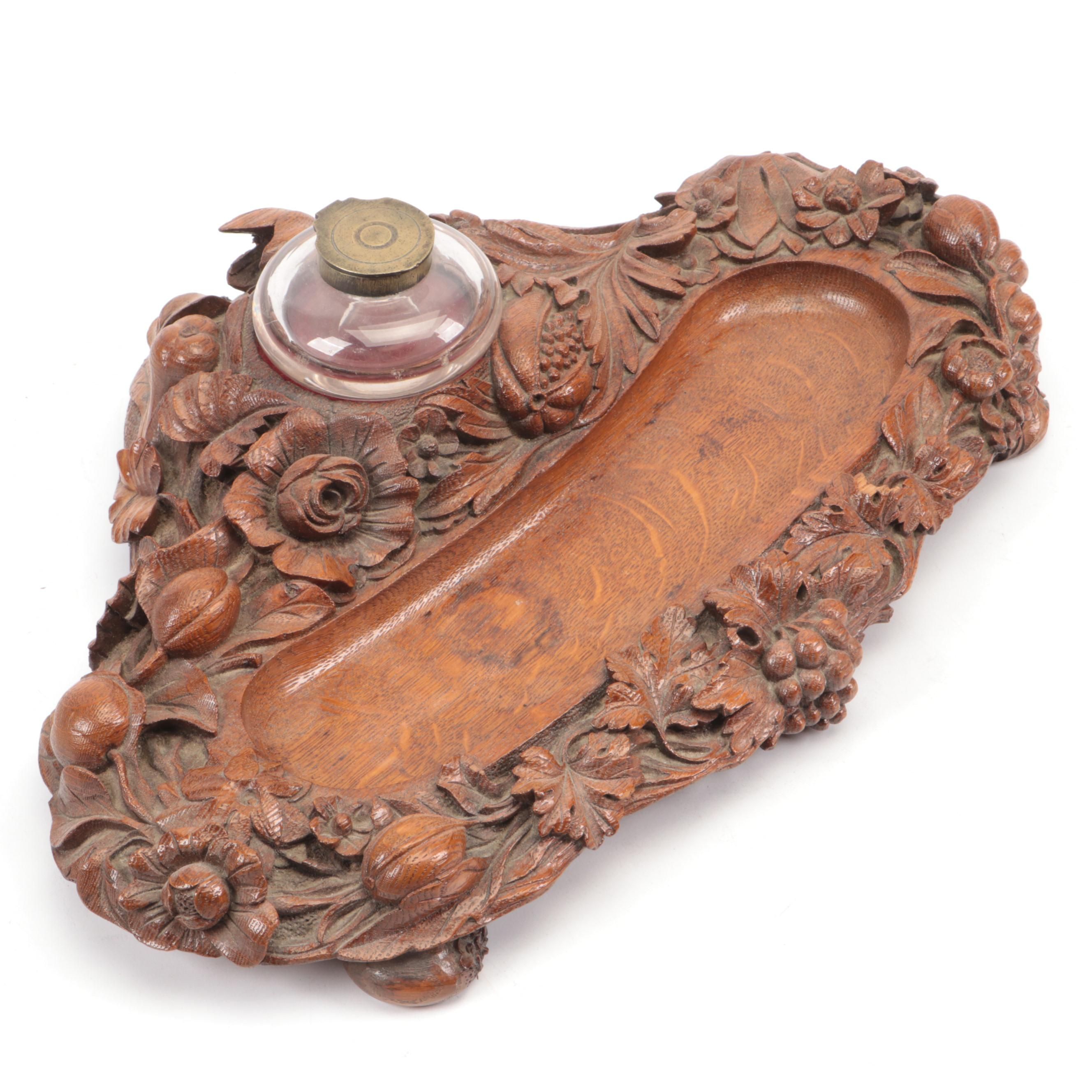 Hand-Carved Floral Motif Wood Inkwell and Pen Stand
