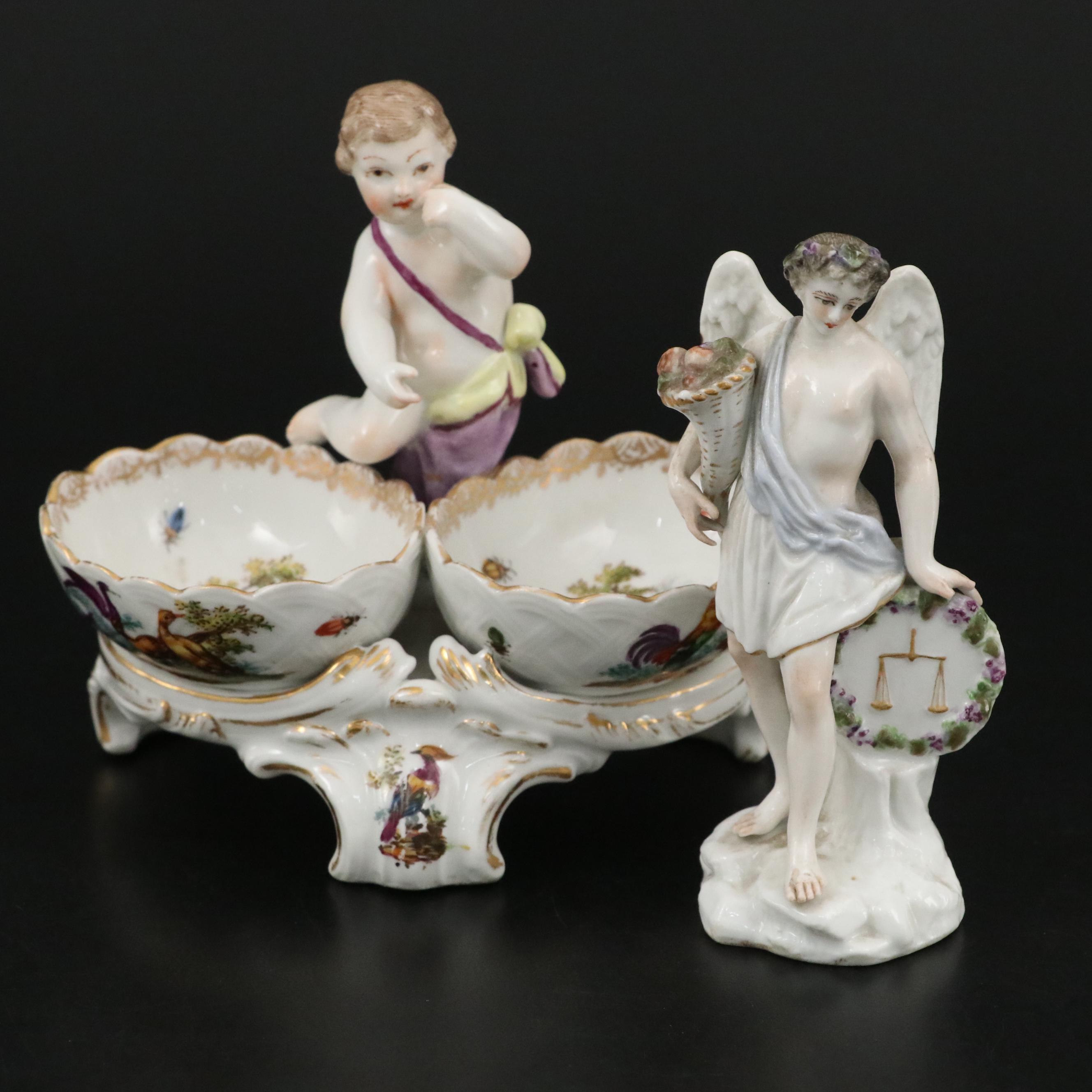 German KPM Porcelain Cherub Double Salt Cellar and Porcelain Angel Figurine