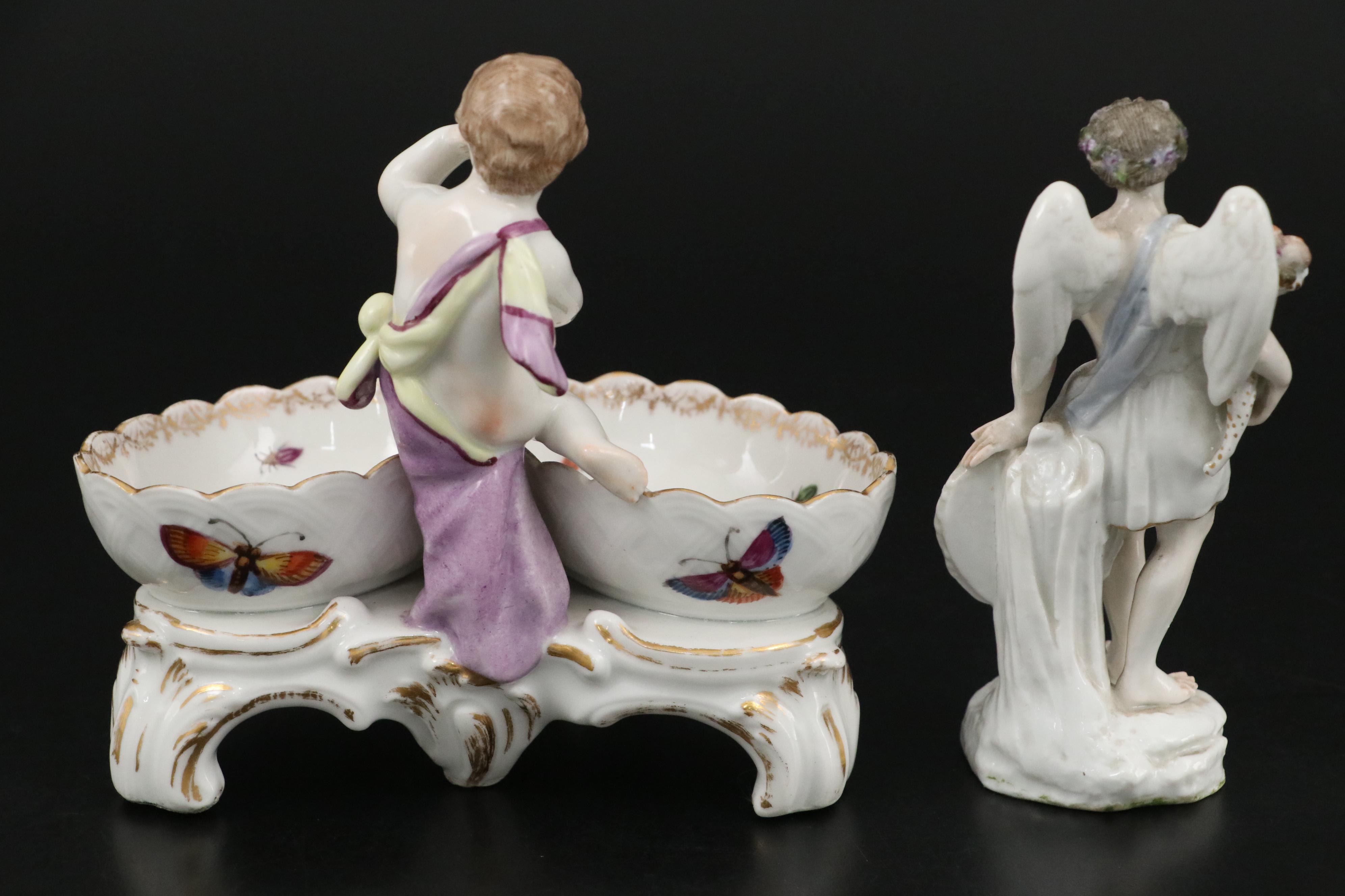 German KPM Porcelain Cherub Double Salt Cellar and Porcelain Angel Figurine