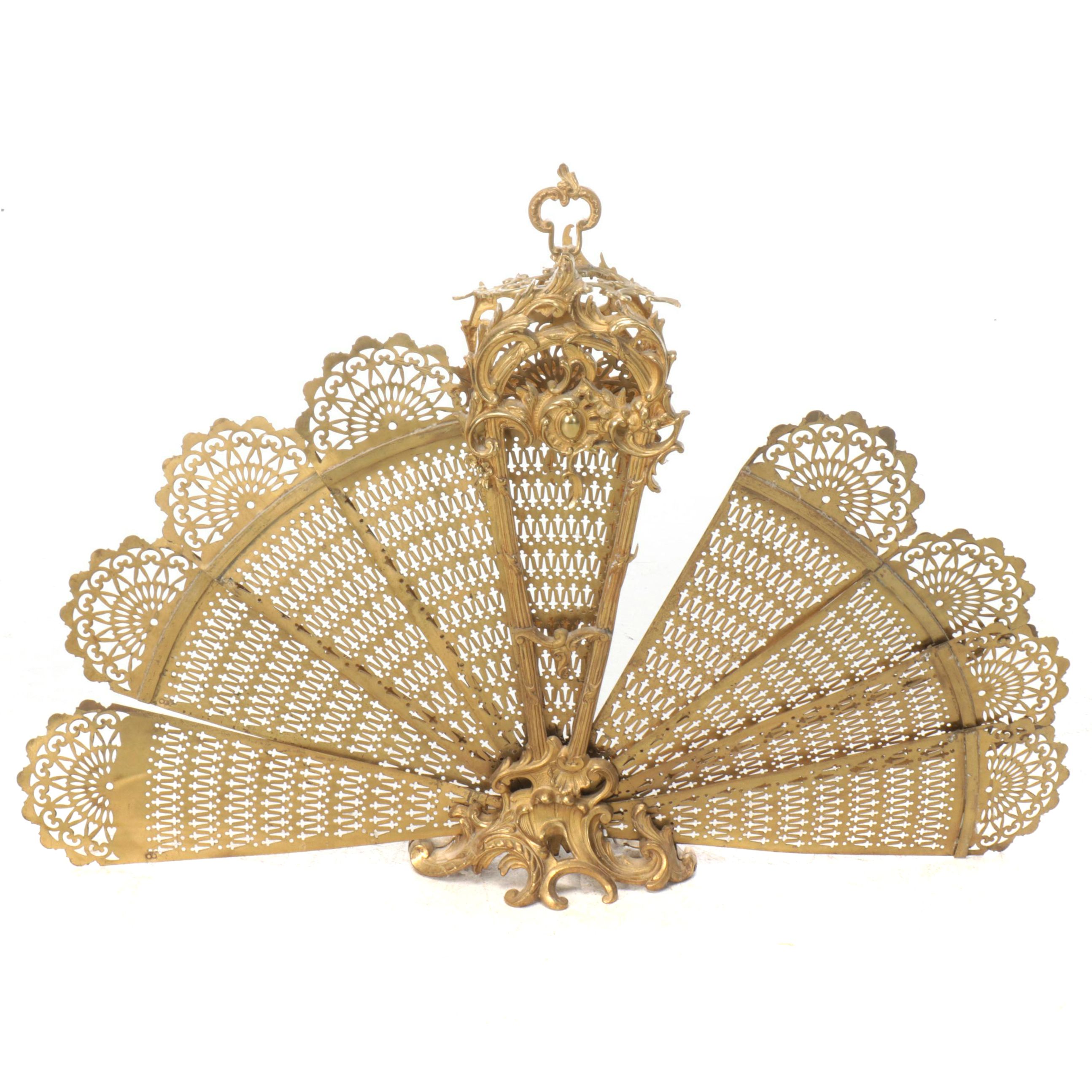 Rococo Brass Peacock Fan Folding Fireplace Screen