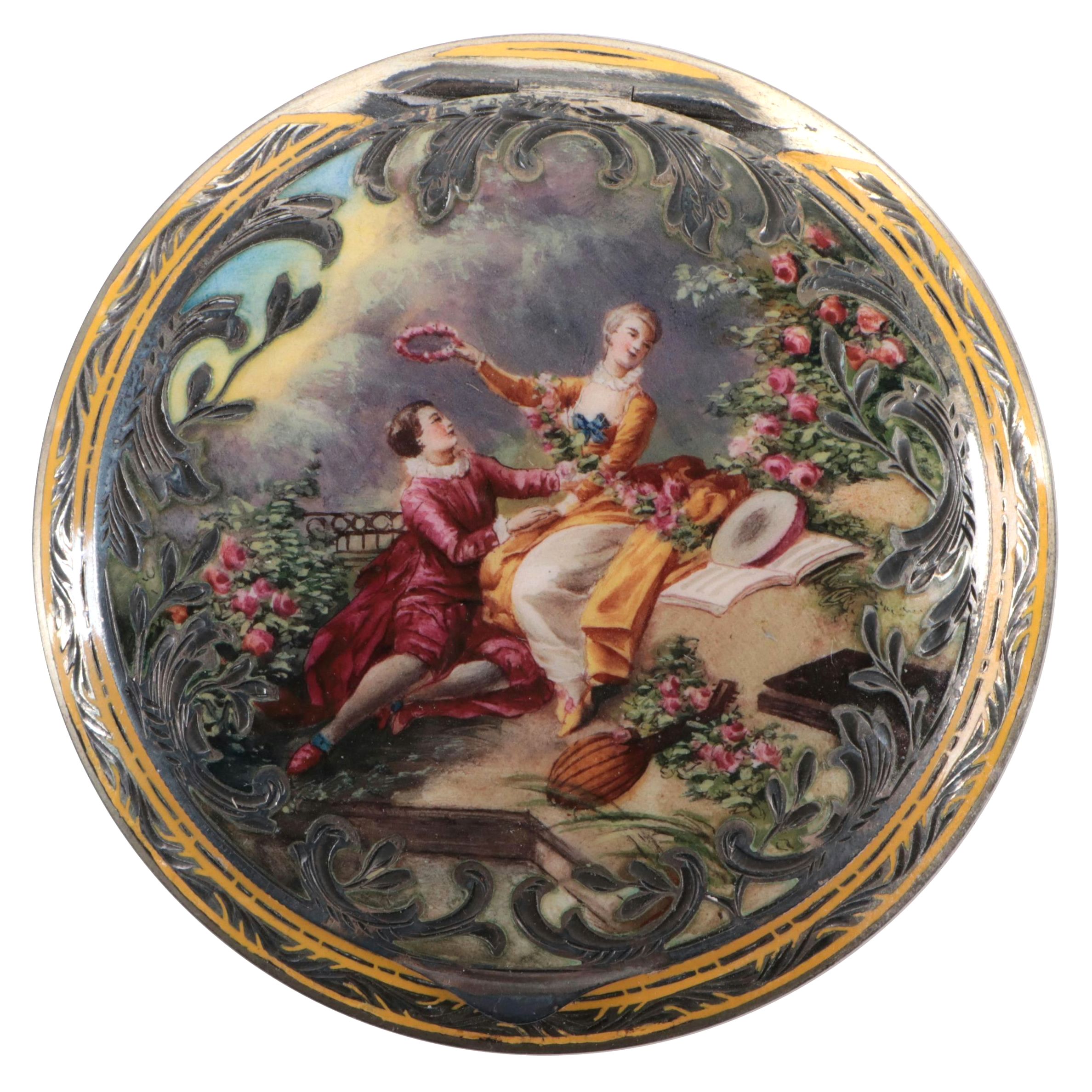 Rococo Style Enameled Metal Compact Mirror