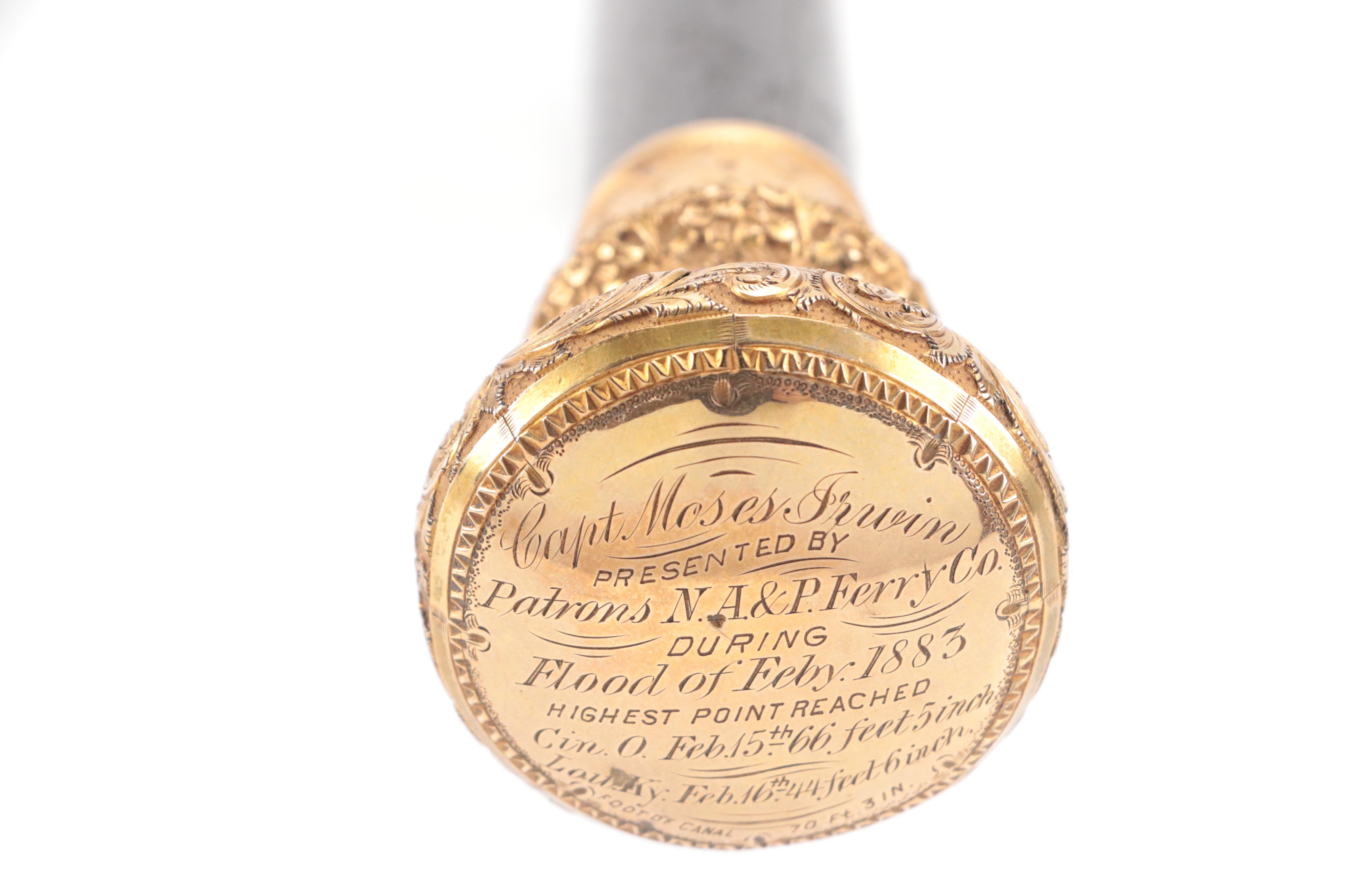 17K Gold Plate Presentation Walking Stick with Personalized Dedication, 1883