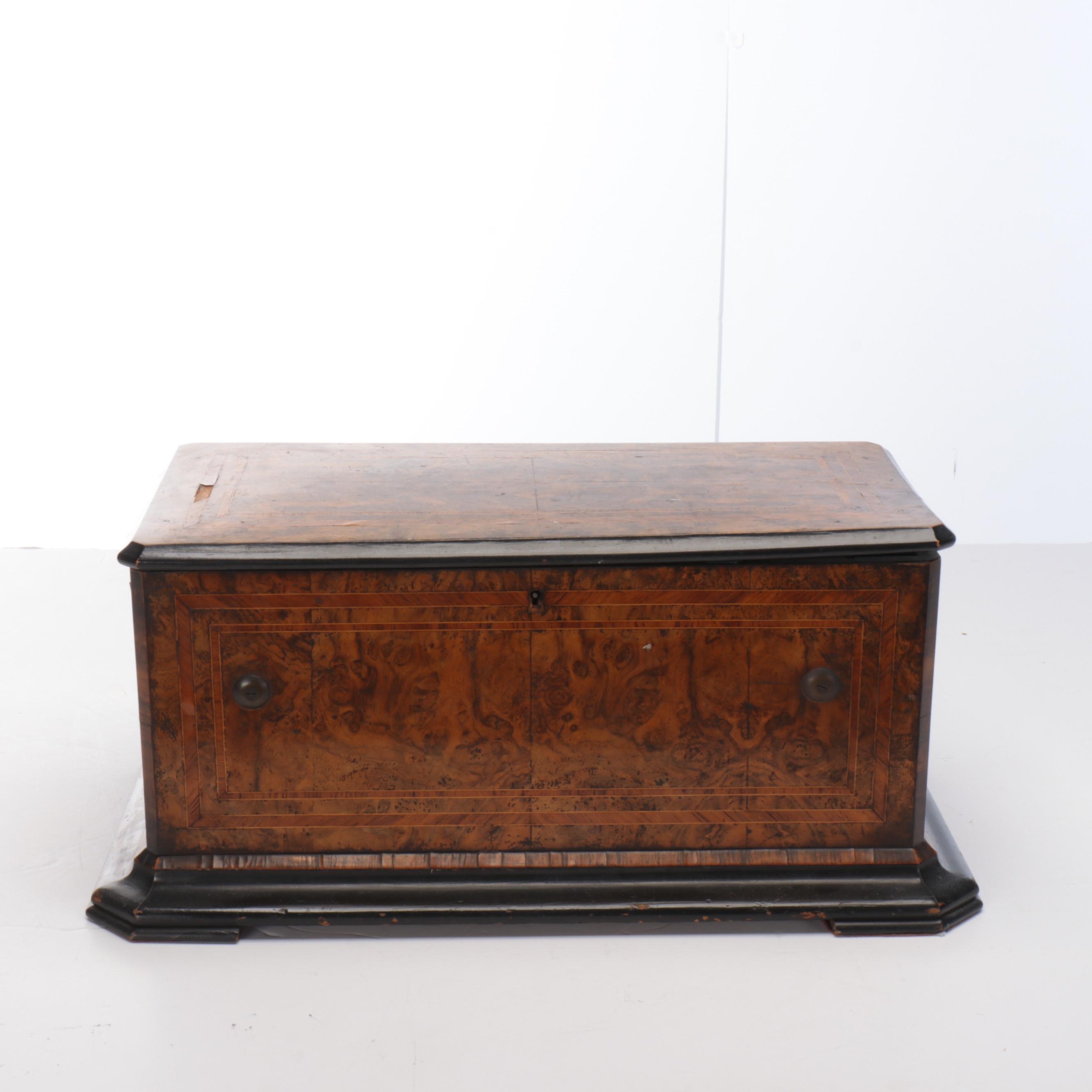 Victorian Burl Wood and Rosewood String Inlay Cylinder Music Box, 19th C.