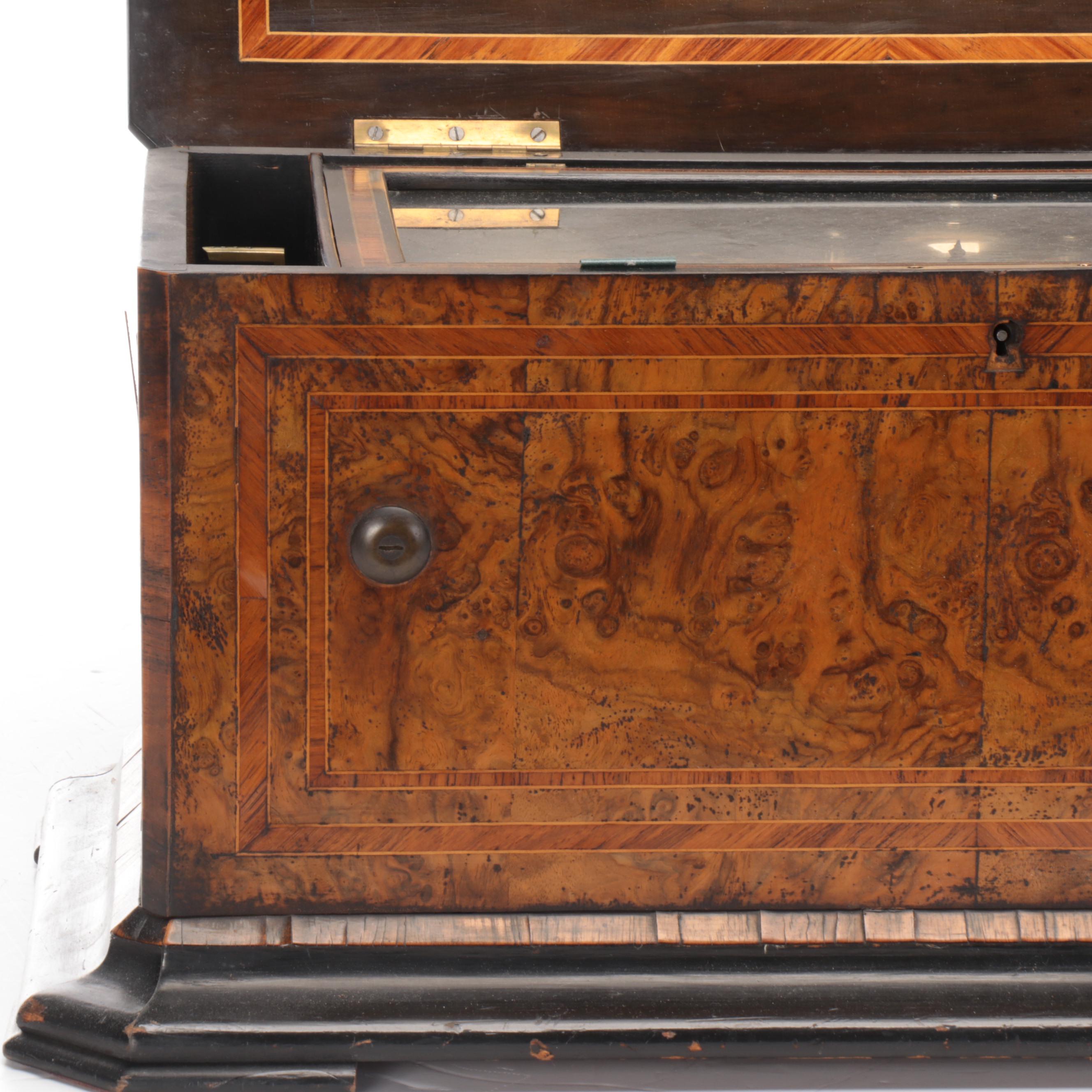 Victorian Burl Wood and Rosewood String Inlay Cylinder Music Box, 19th C.