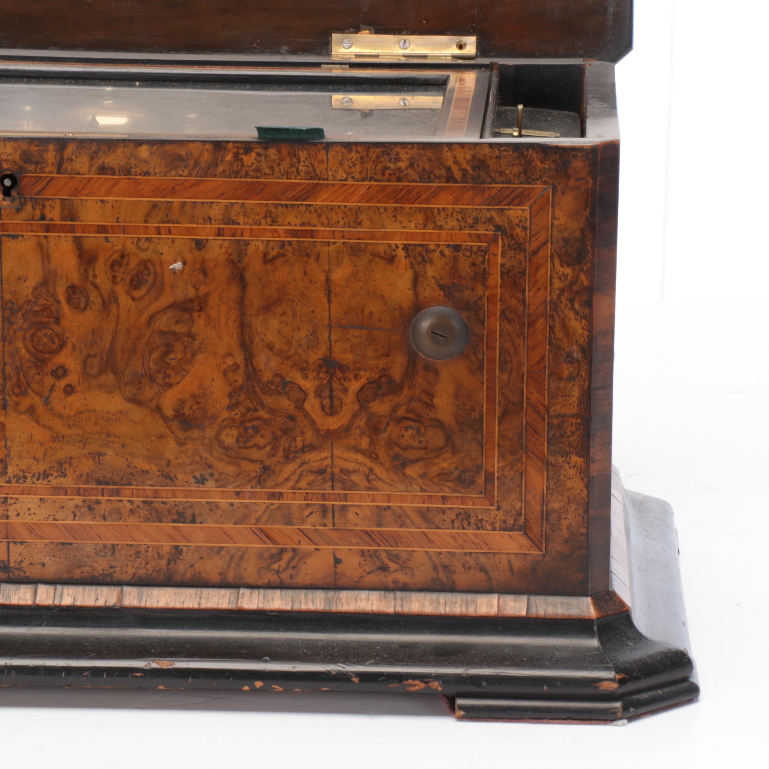 Victorian Burl Wood and Rosewood String Inlay Cylinder Music Box, 19th C.