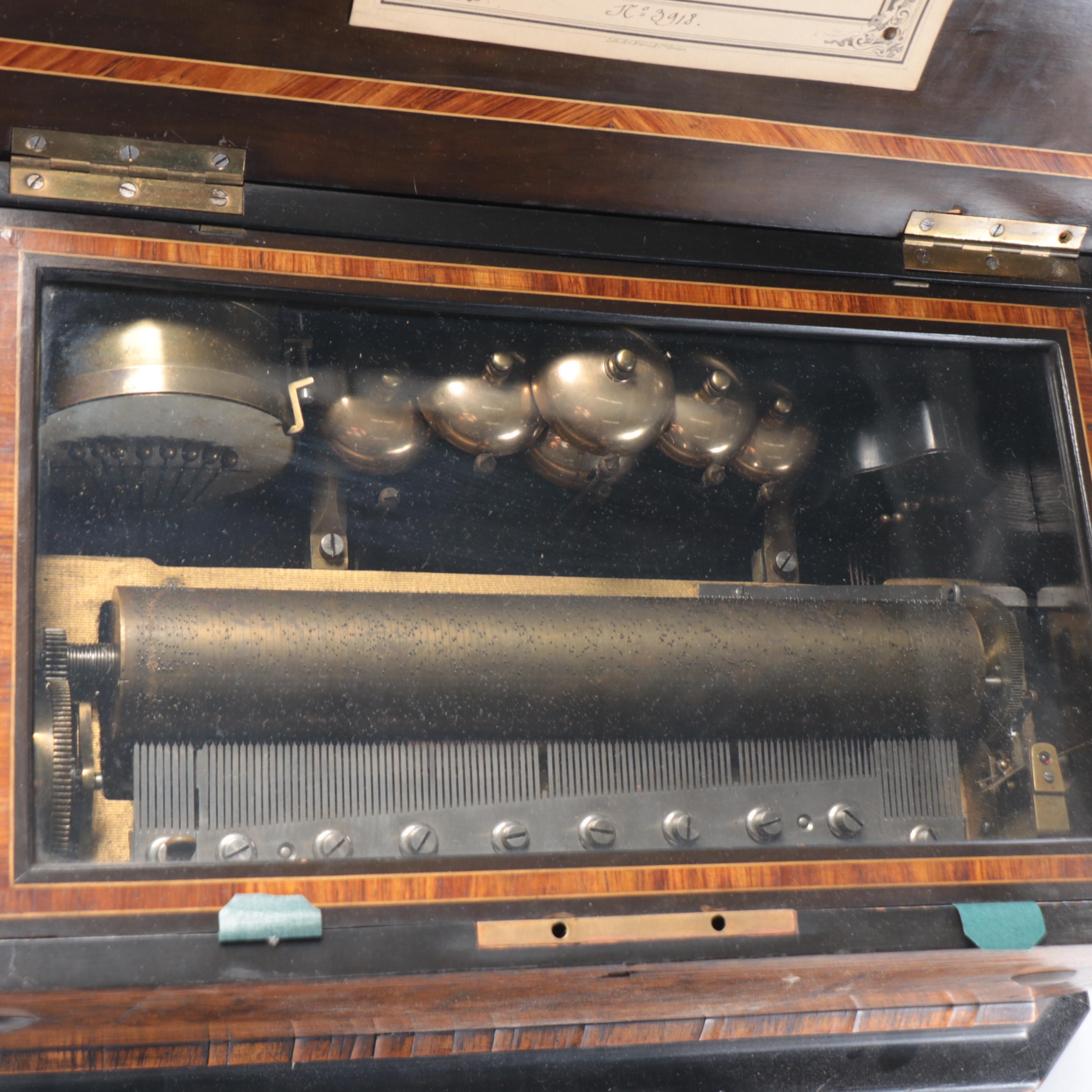 Victorian Burl Wood and Rosewood String Inlay Cylinder Music Box, 19th C.