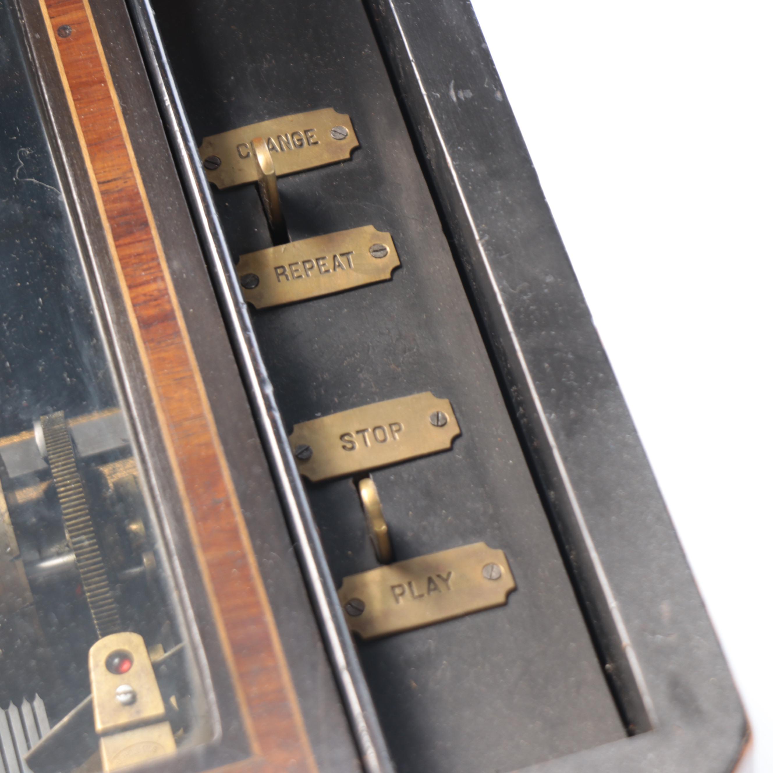 Victorian Burl Wood and Rosewood String Inlay Cylinder Music Box, 19th C.