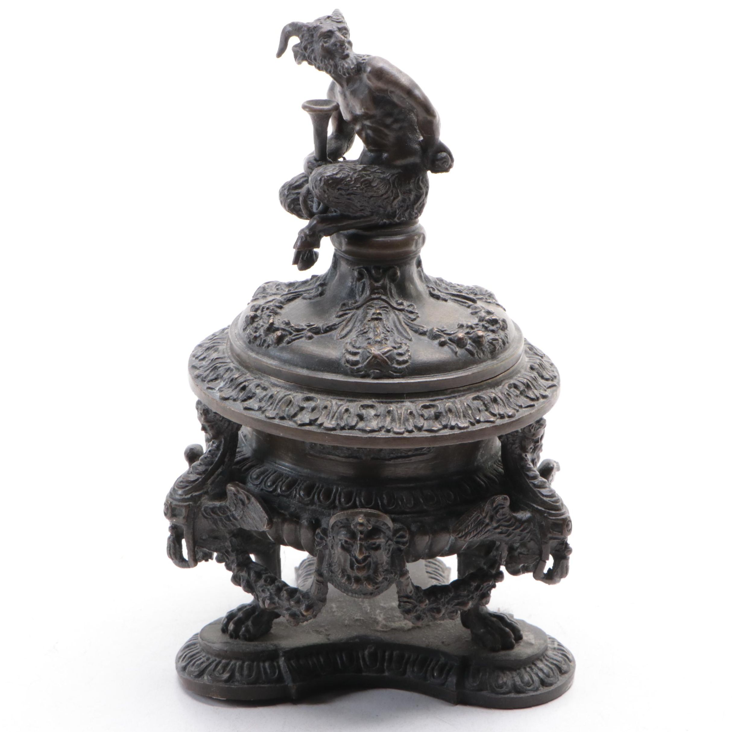 Italian Antonio Pandiani Cast Bronze Lidded Footed Box with Satyr Finial
