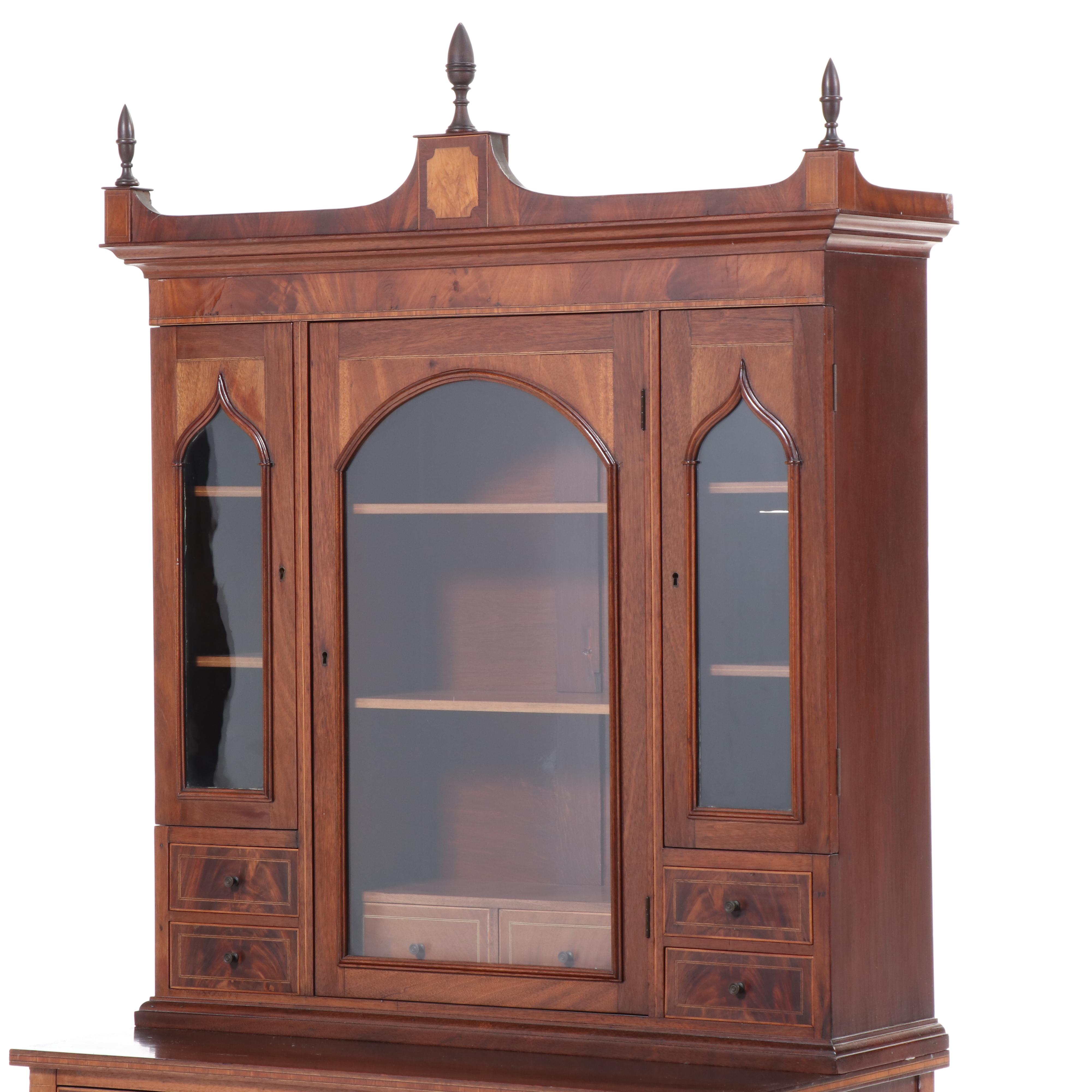 American Hepplewhite Style Mahogany and Inlaid Two Piece Cabinet, 19th Century