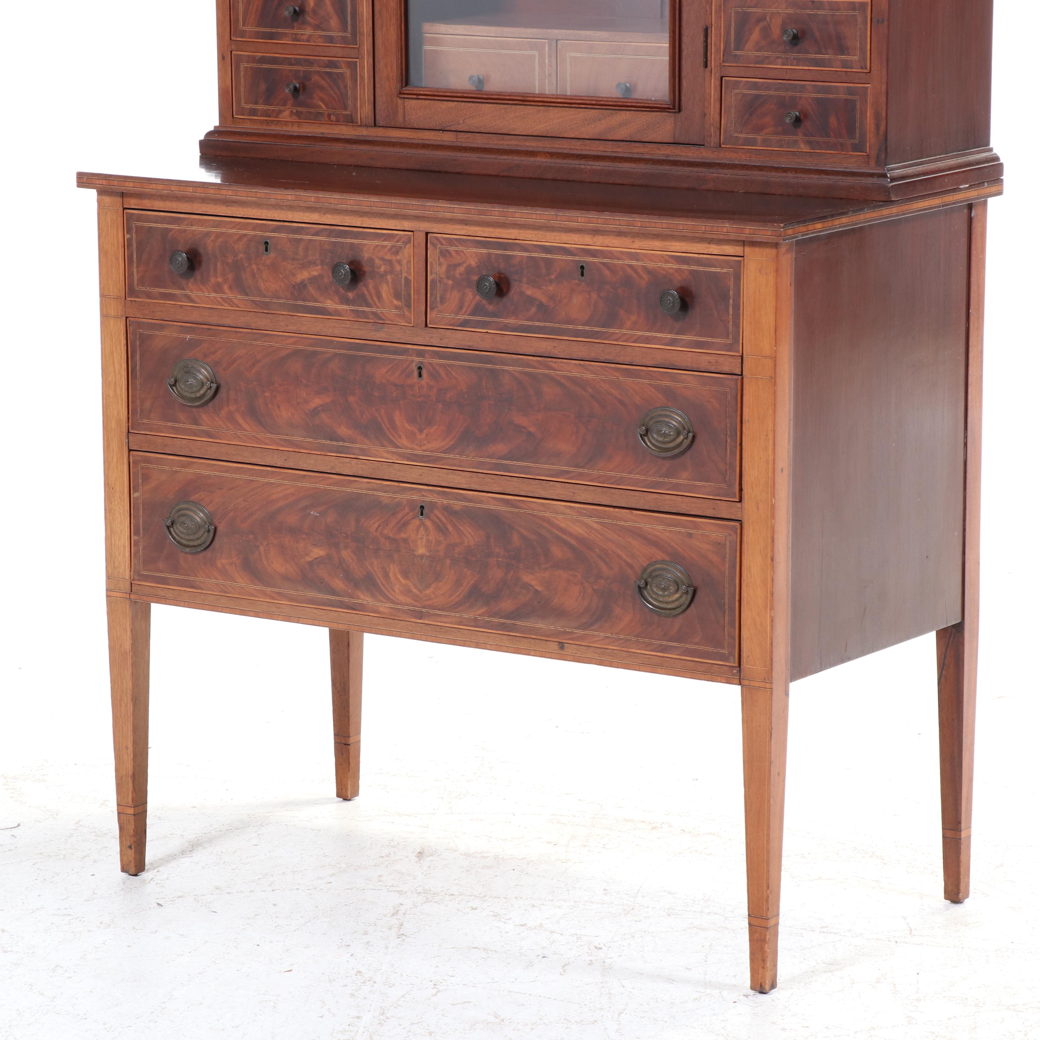 American Hepplewhite Style Mahogany and Inlaid Two Piece Cabinet, 19th Century