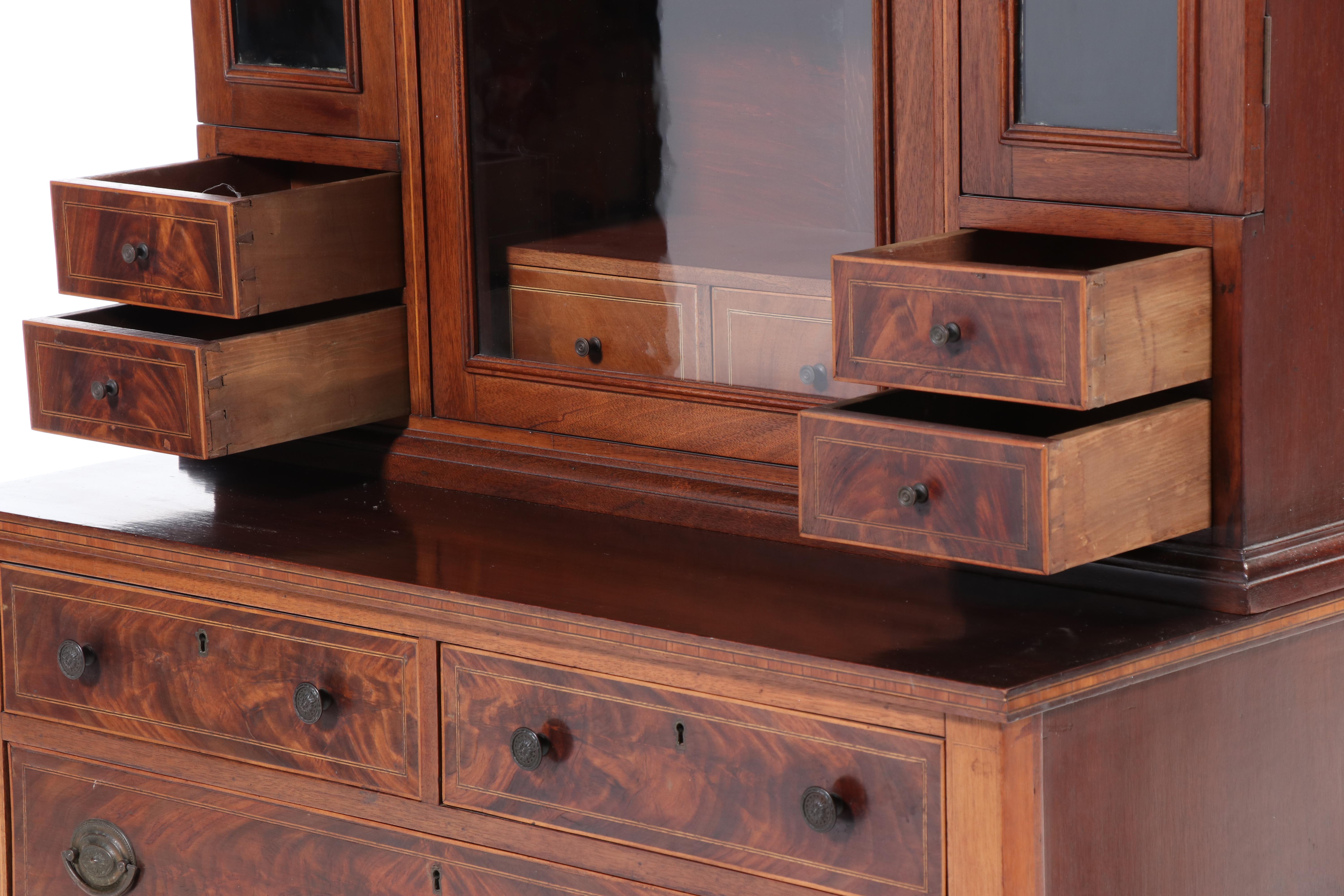 American Hepplewhite Style Mahogany and Inlaid Two Piece Cabinet, 19th Century