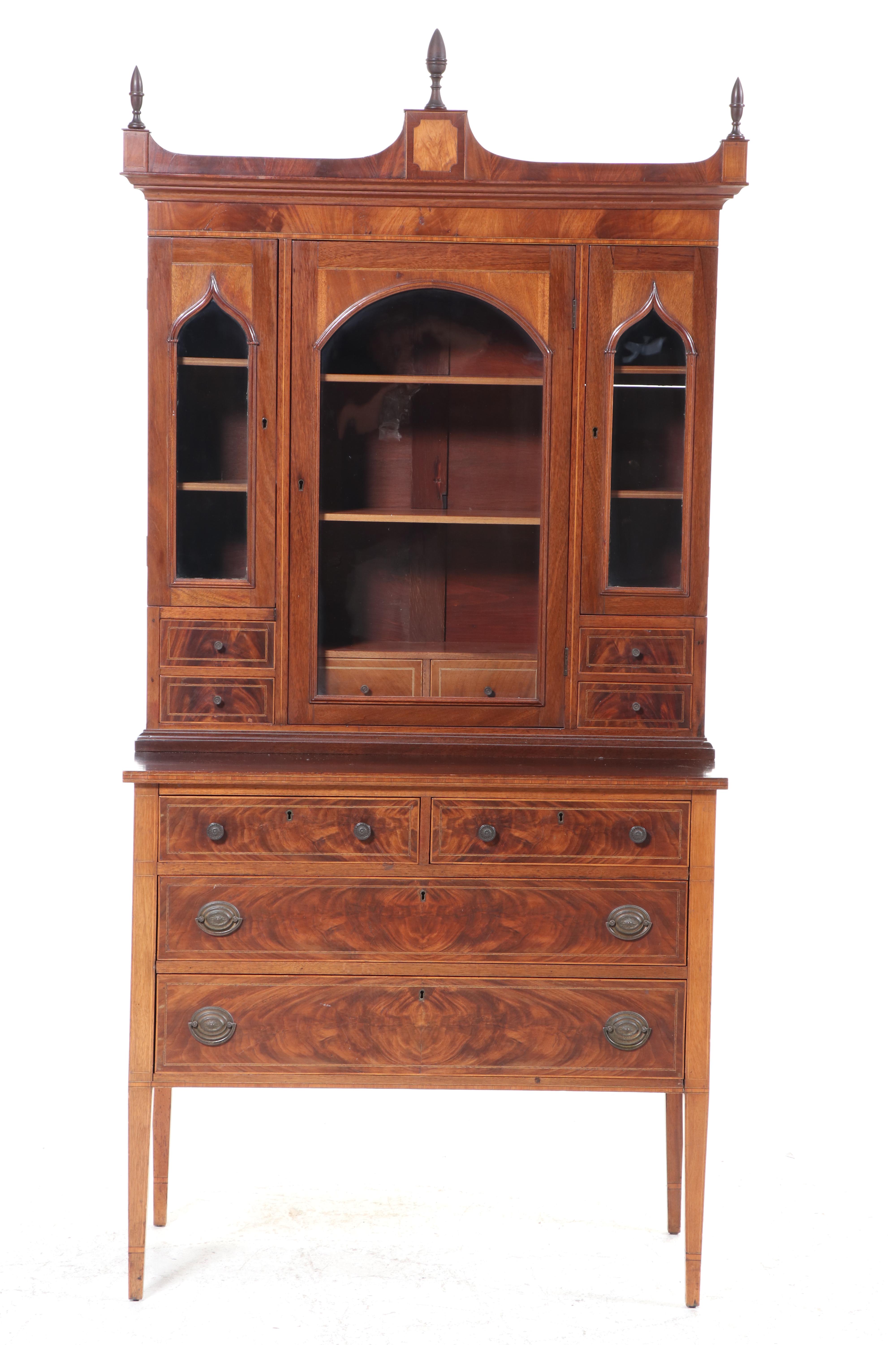 American Hepplewhite Style Mahogany and Inlaid Two Piece Cabinet, 19th Century