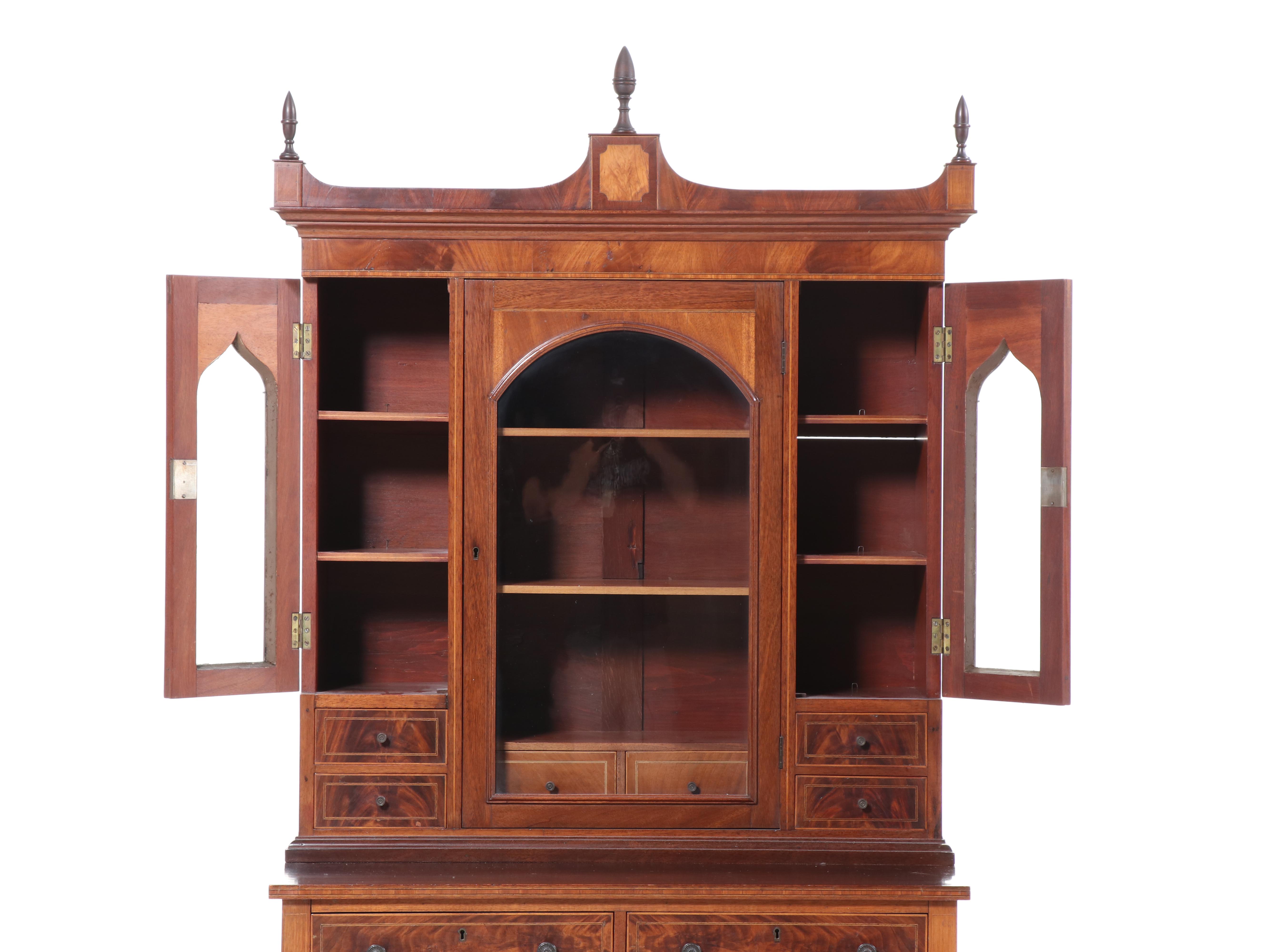 American Hepplewhite Style Mahogany and Inlaid Two Piece Cabinet, 19th Century