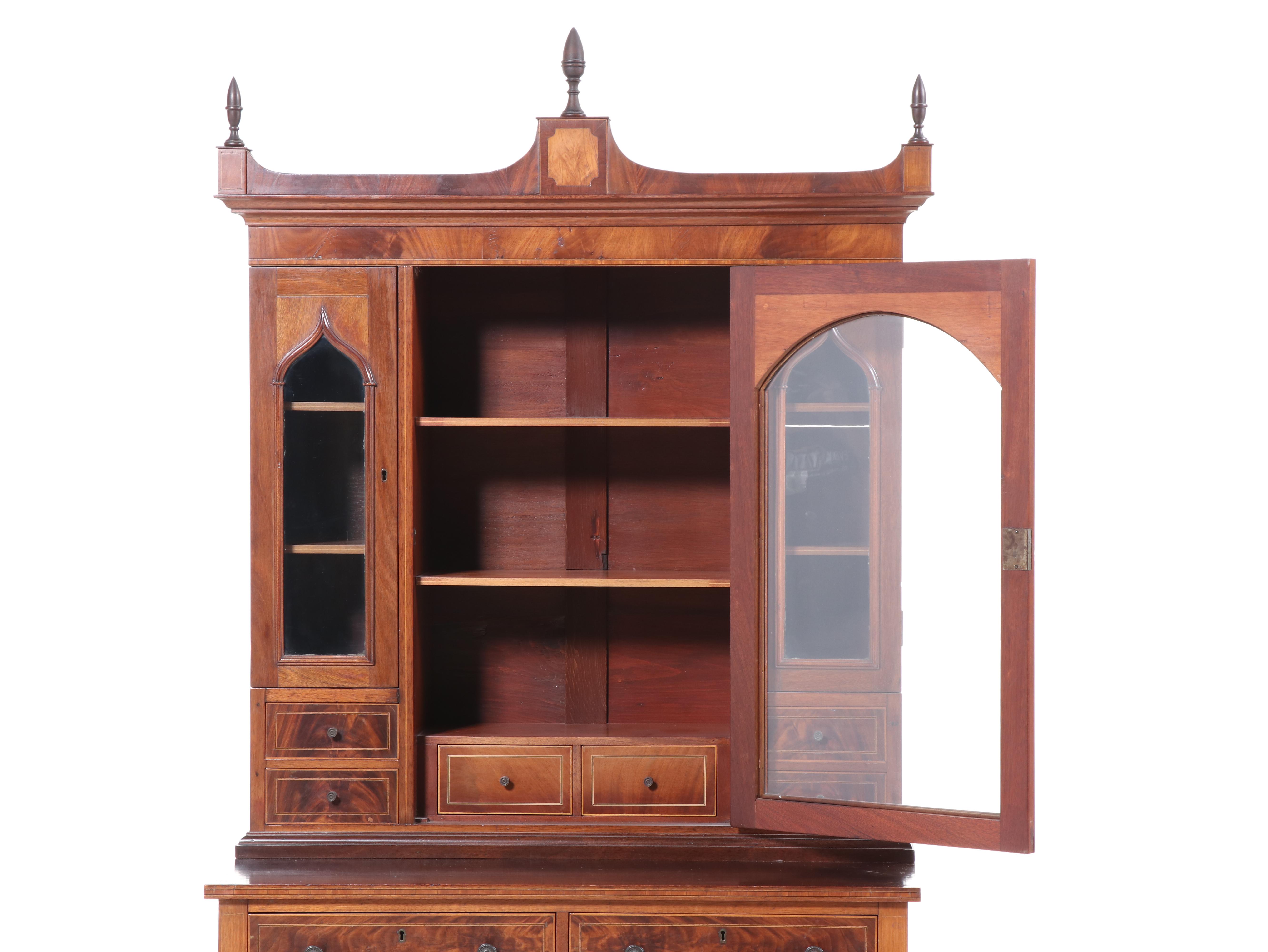 American Hepplewhite Style Mahogany and Inlaid Two Piece Cabinet, 19th Century
