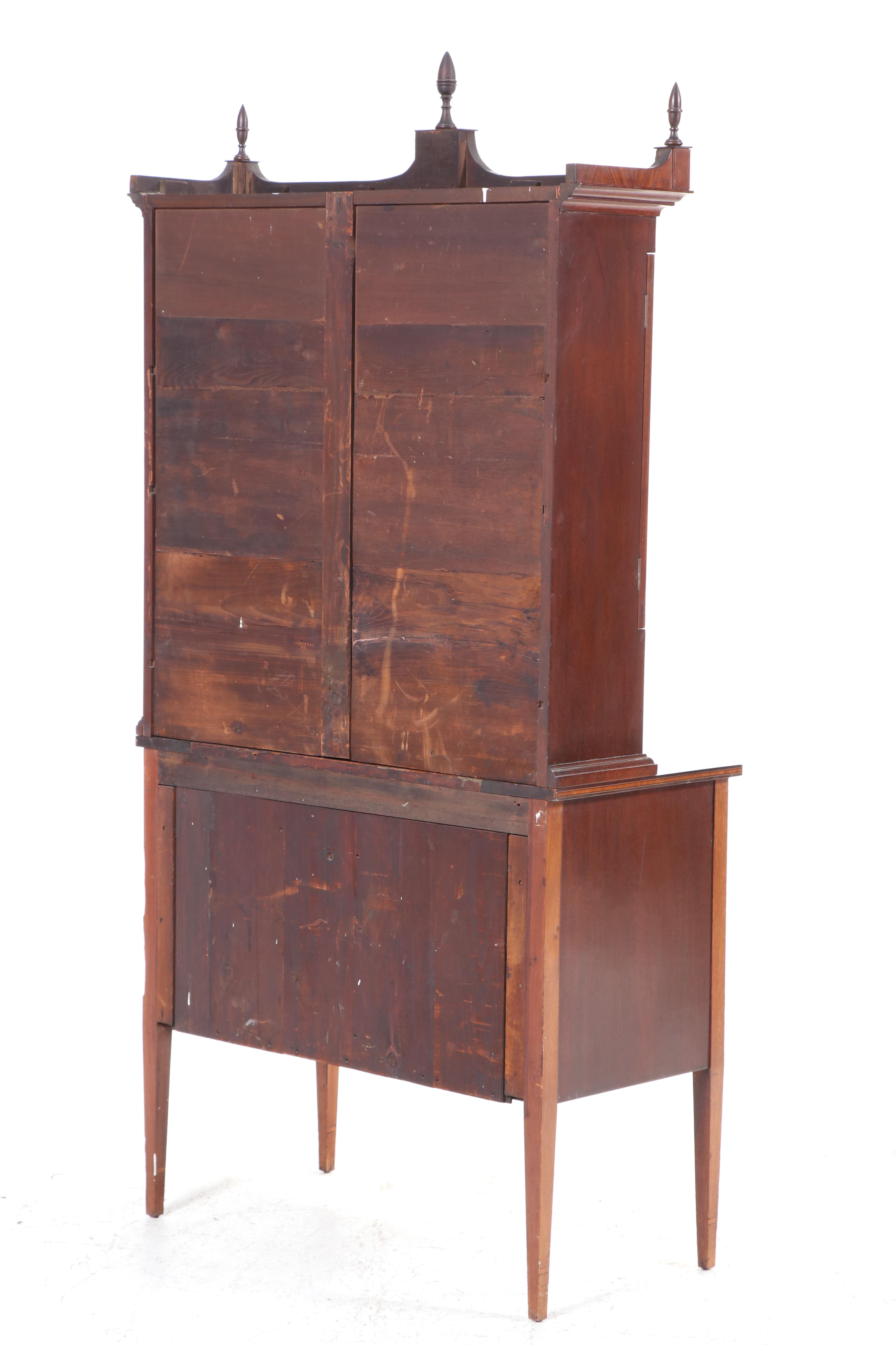 American Hepplewhite Style Mahogany and Inlaid Two Piece Cabinet, 19th Century