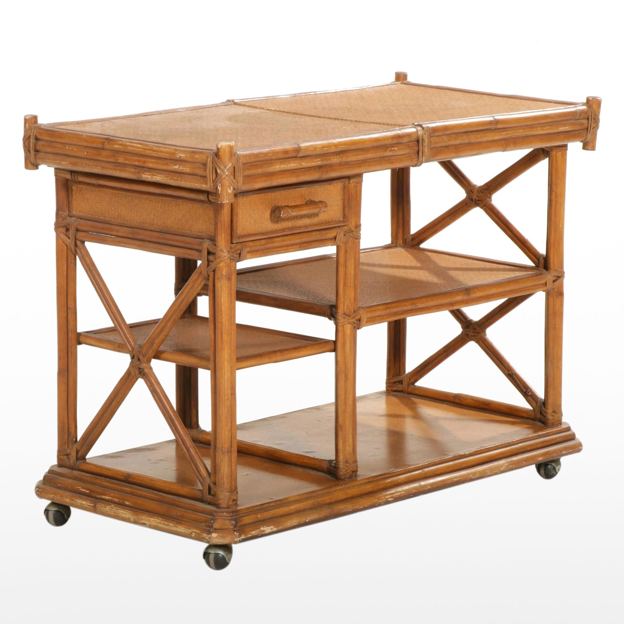 Rattan Rolling Bar Cart, Late 20th Century