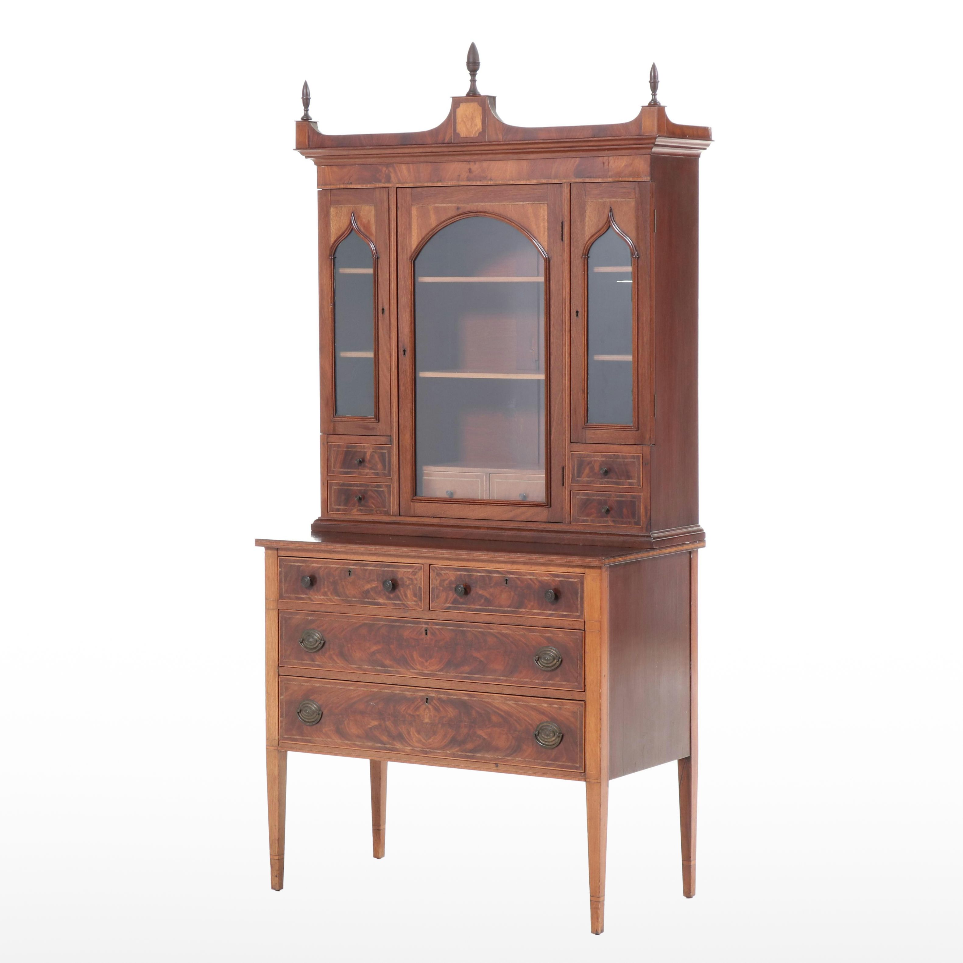 American Hepplewhite Style Mahogany and Inlaid Two Piece Cabinet, 19th Century