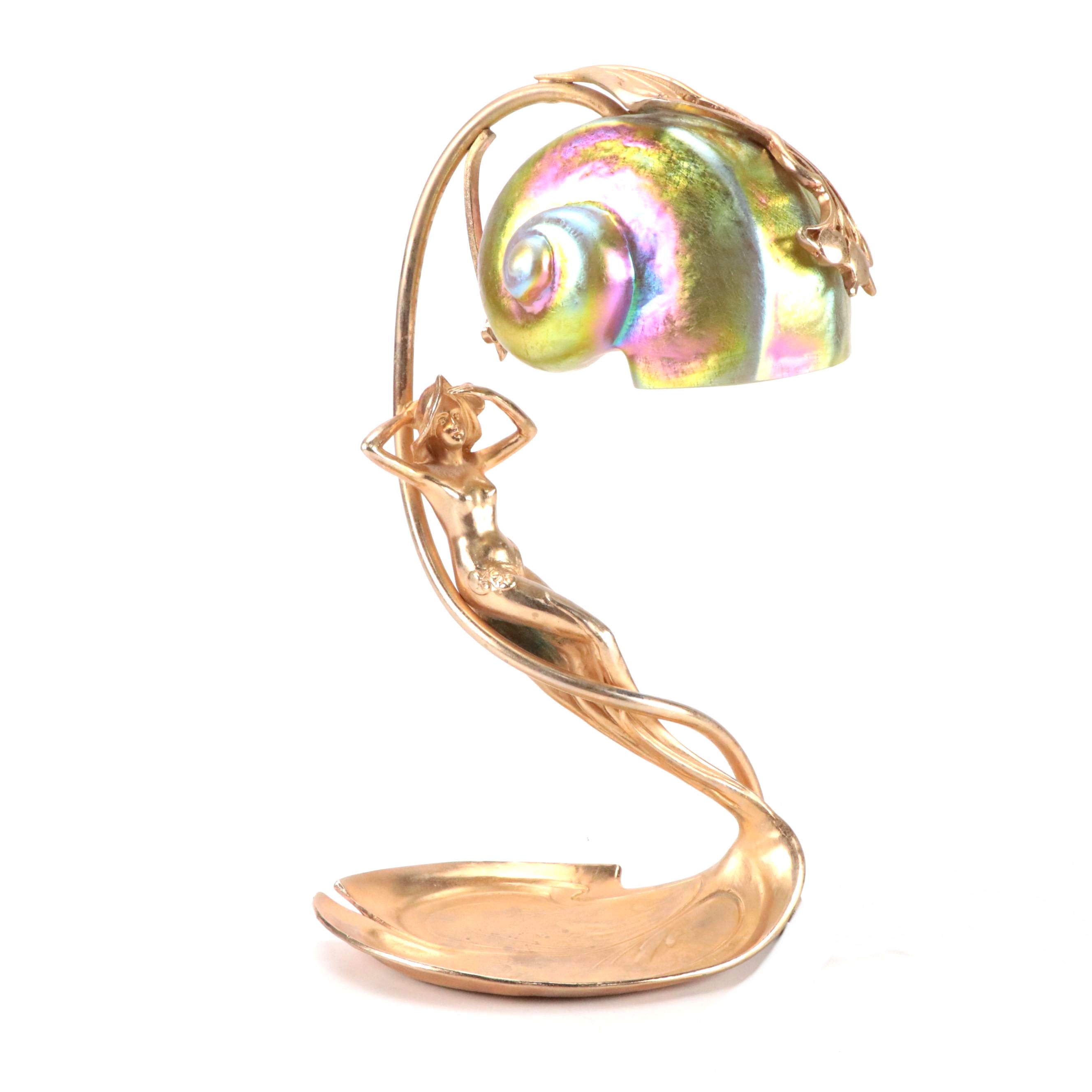 Art Nouveau Style Gilt Metal Figural Lamp & Carl Radke Iridescent Shade, Vintage