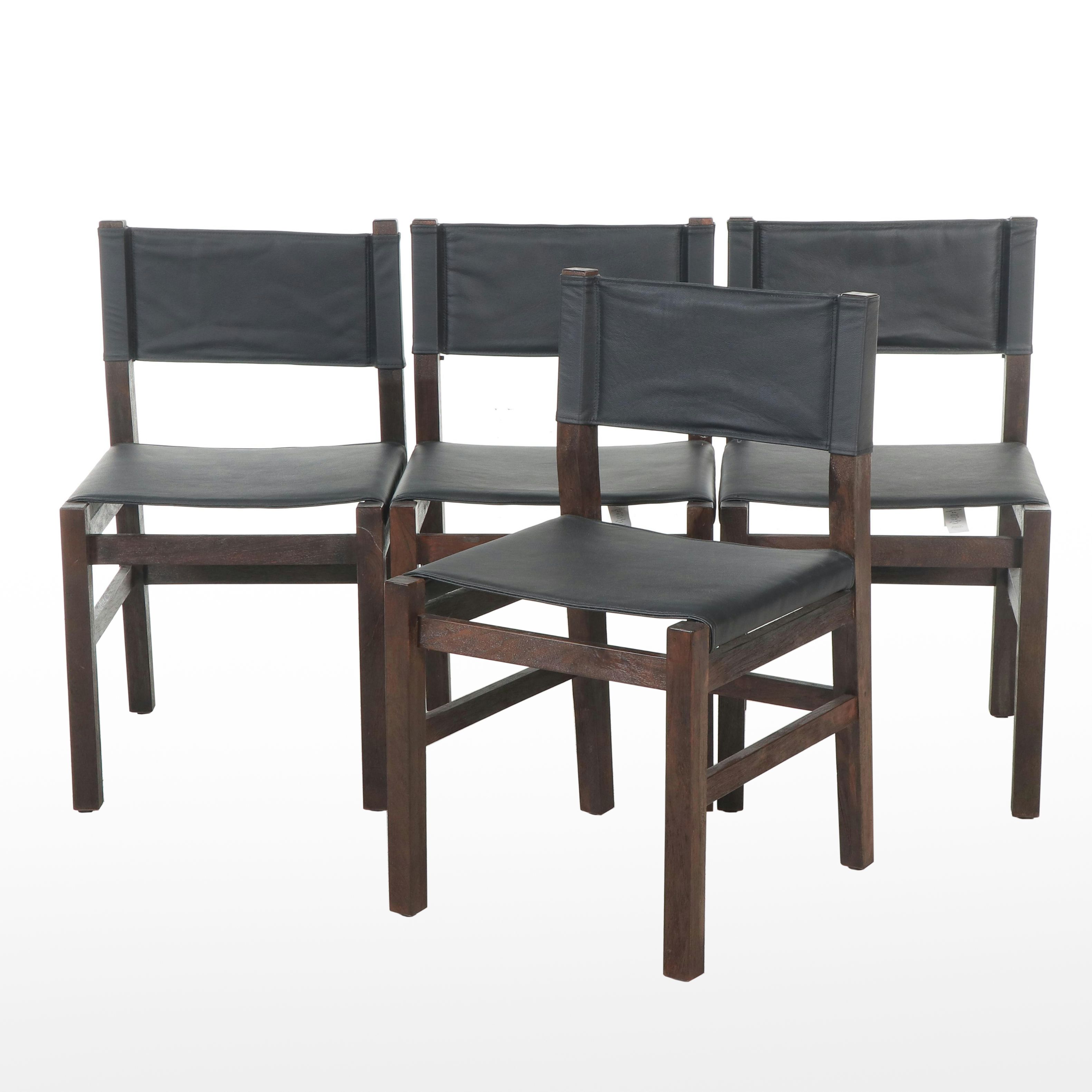 Four Pottery Barn Black Leatherette Sling Upholstered Wood Dining Chairs